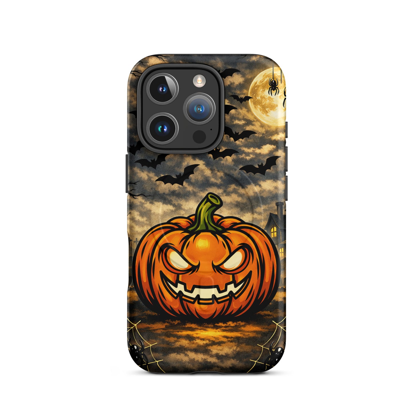Magnetic Phone Case with haunted pumpkin and bats design for Halloween, fits iPhone, spooky moonlit scene, jack-o'-lantern cover.