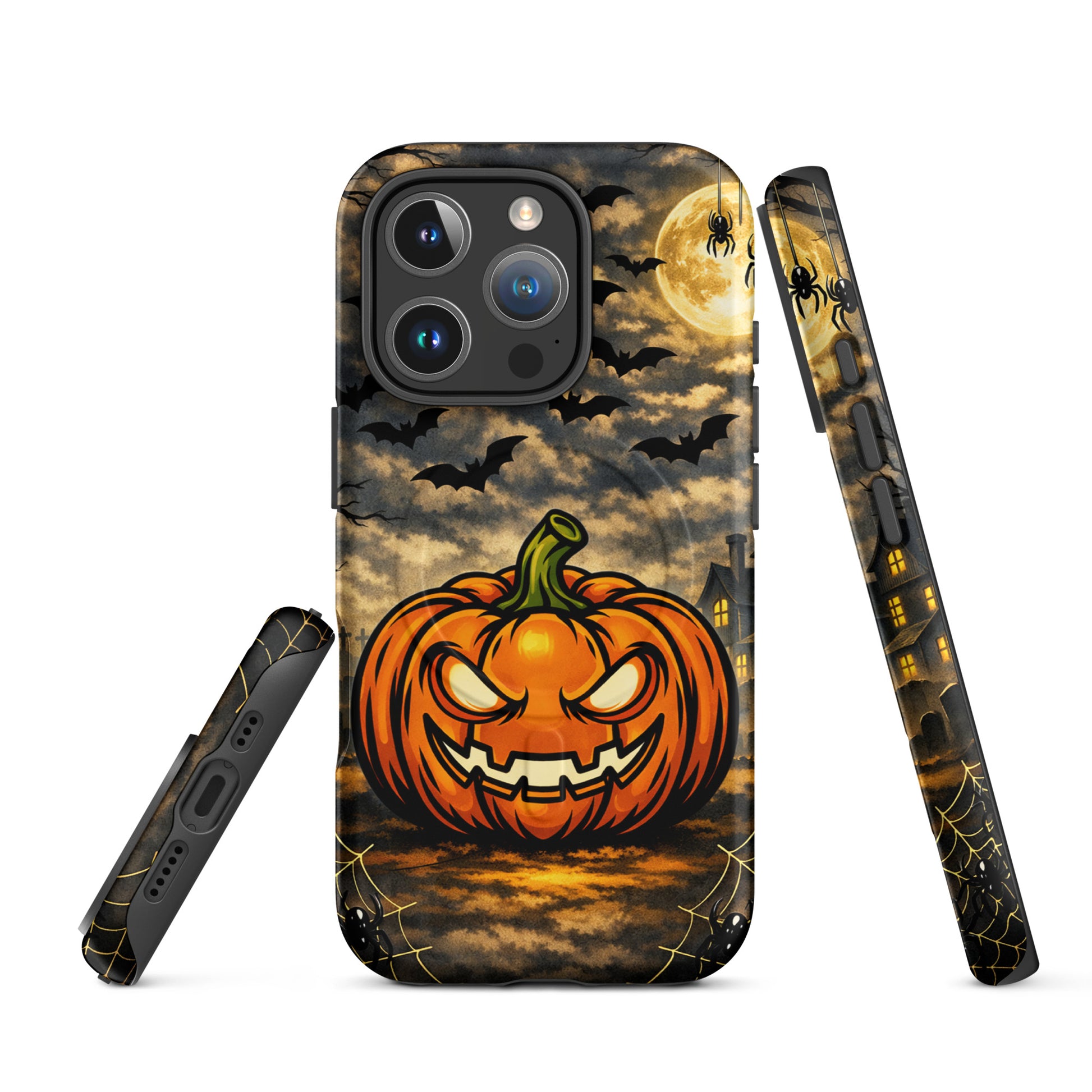 Magnetic Phone Case featuring haunted pumpkin and moonlit Halloween scene with bats and haunted house design for iPhone