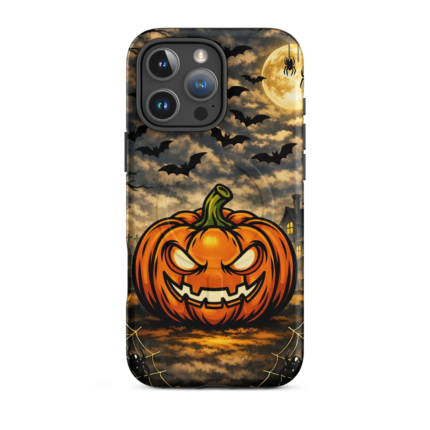 Magnetic Phone Case with haunted pumpkin, moonlit clouds, bats, and haunted house design for Halloween spirit