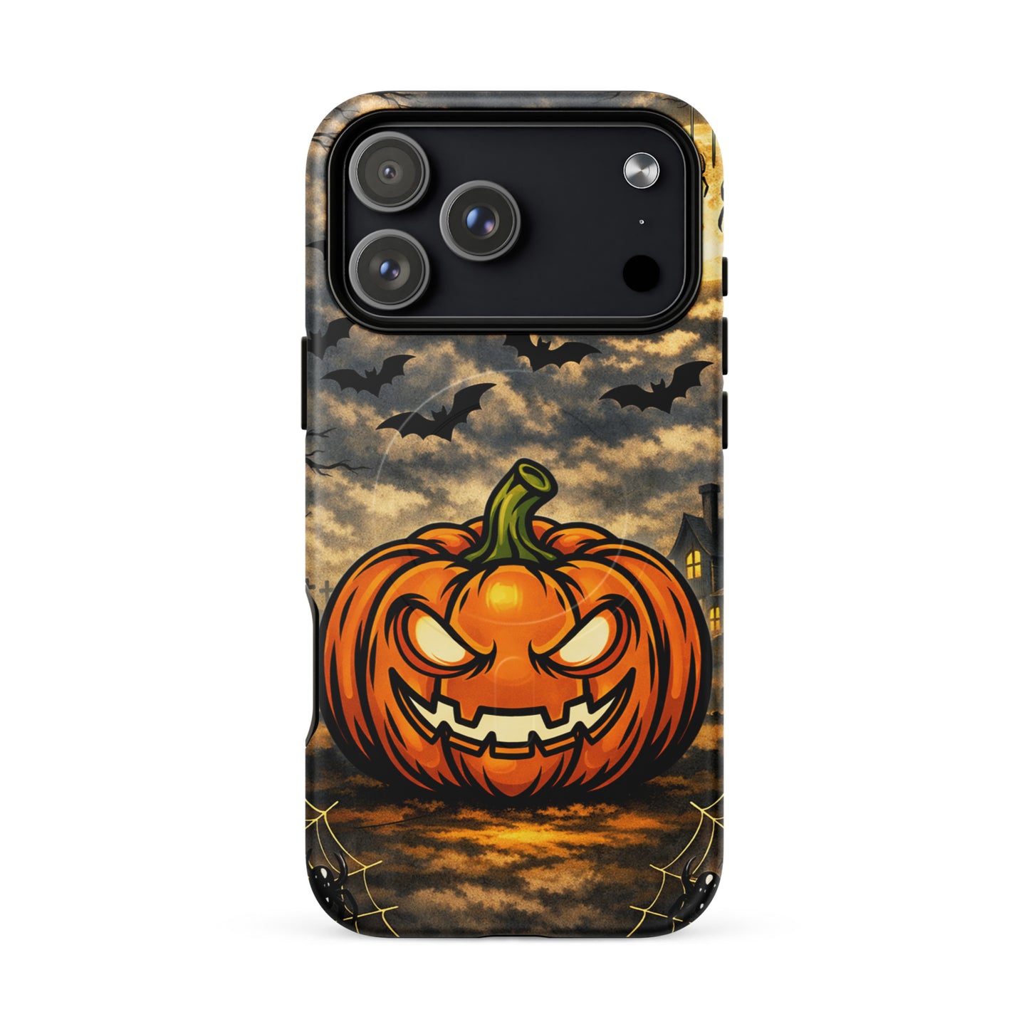Magnetic Phone Case with haunted Halloween scene featuring glowing jack-o'-lantern, bats, and moonlit house.