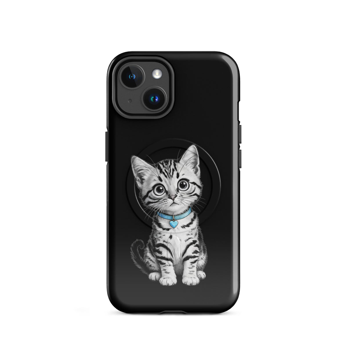 Magnetic Phone Case featuring a sketch of a kitten with a blue collar and heart charm on a black background.