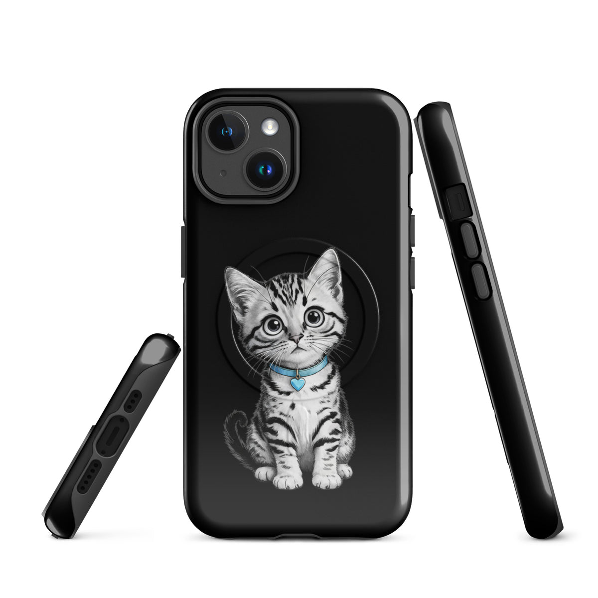 Magnetic Phone Case for iPhone featuring a pencil-sketch kitten with a blue collar and heart charm, offering premium protection.