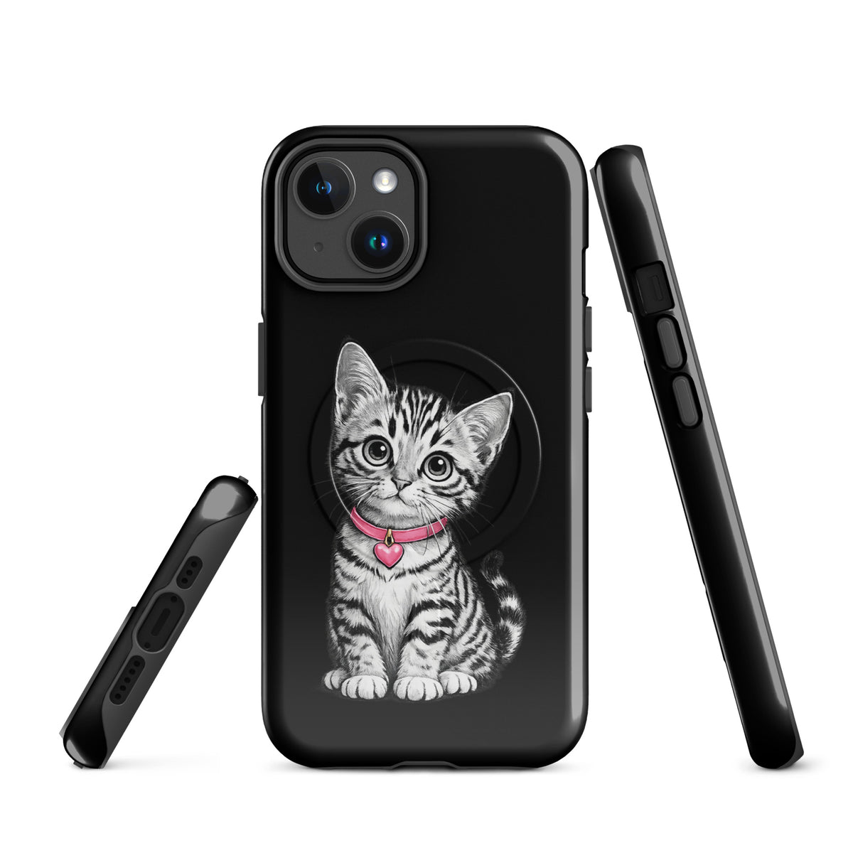 Magnetic Phone Case for iPhone with kitten design, pink collar and heart charm, black-and-white sketch style.