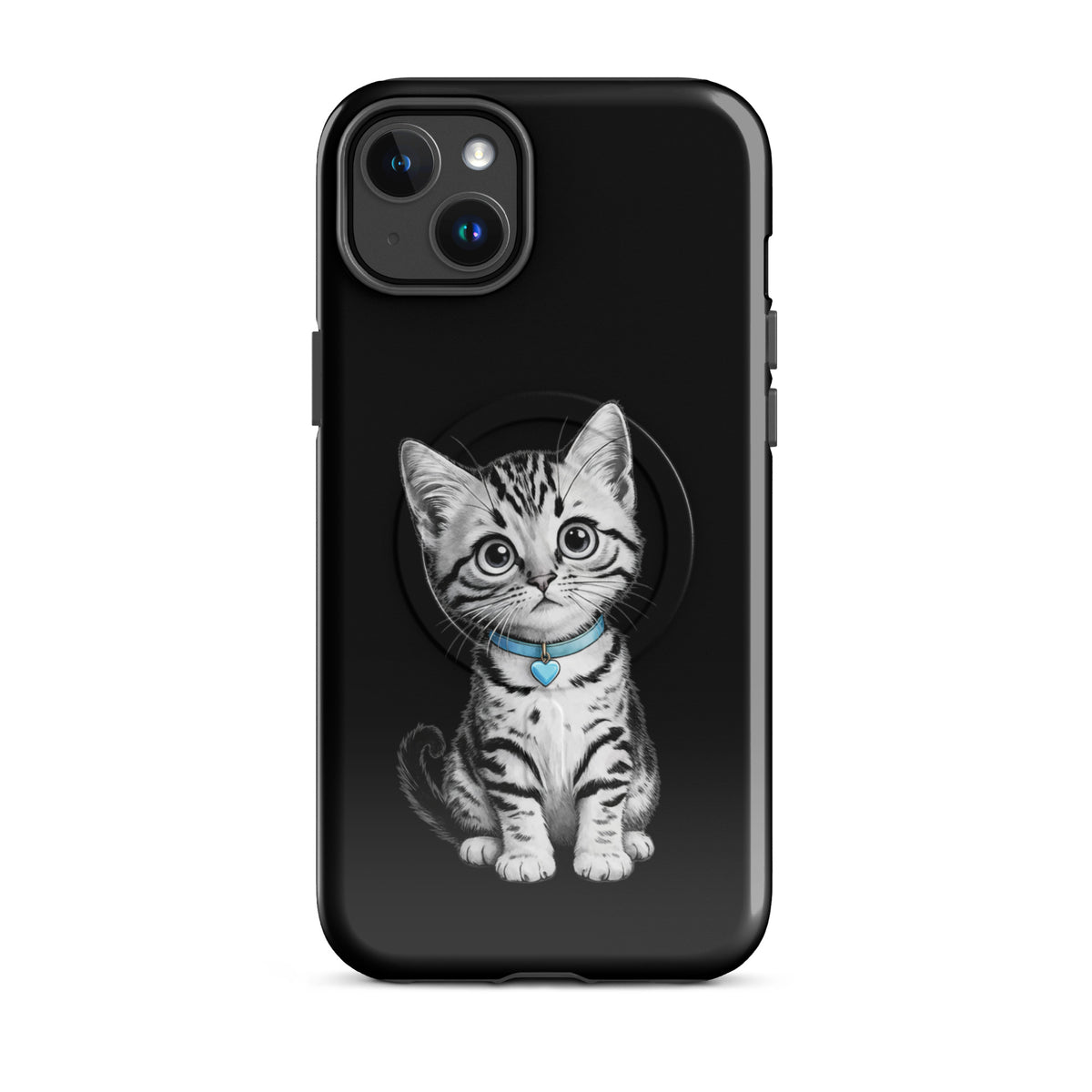 Magnetic Phone Case for iPhone featuring a sketch of a kitten with a blue collar and heart charm on black background.