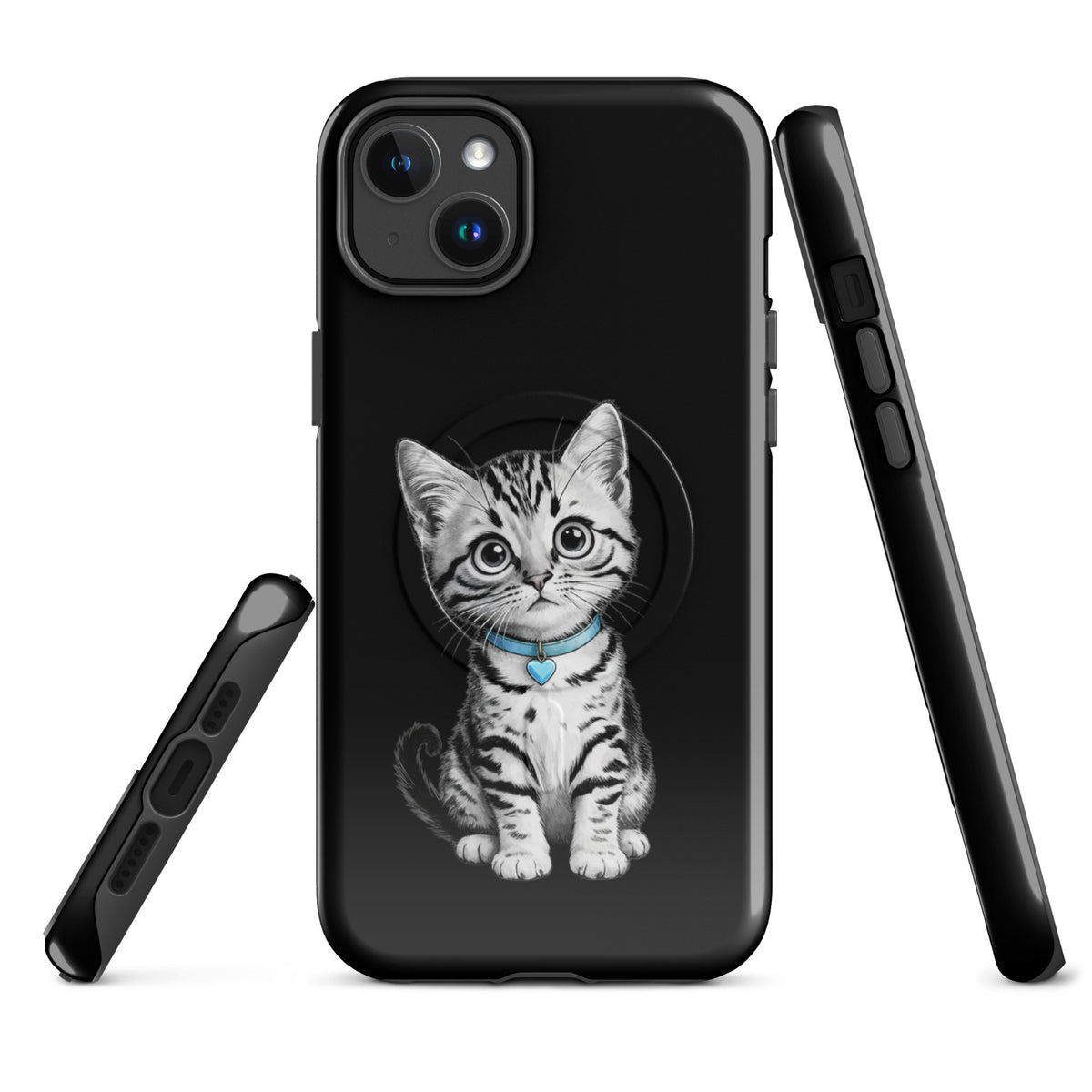 Magnetic Phone Case for iPhone featuring kitten with blue collar and heart charm.