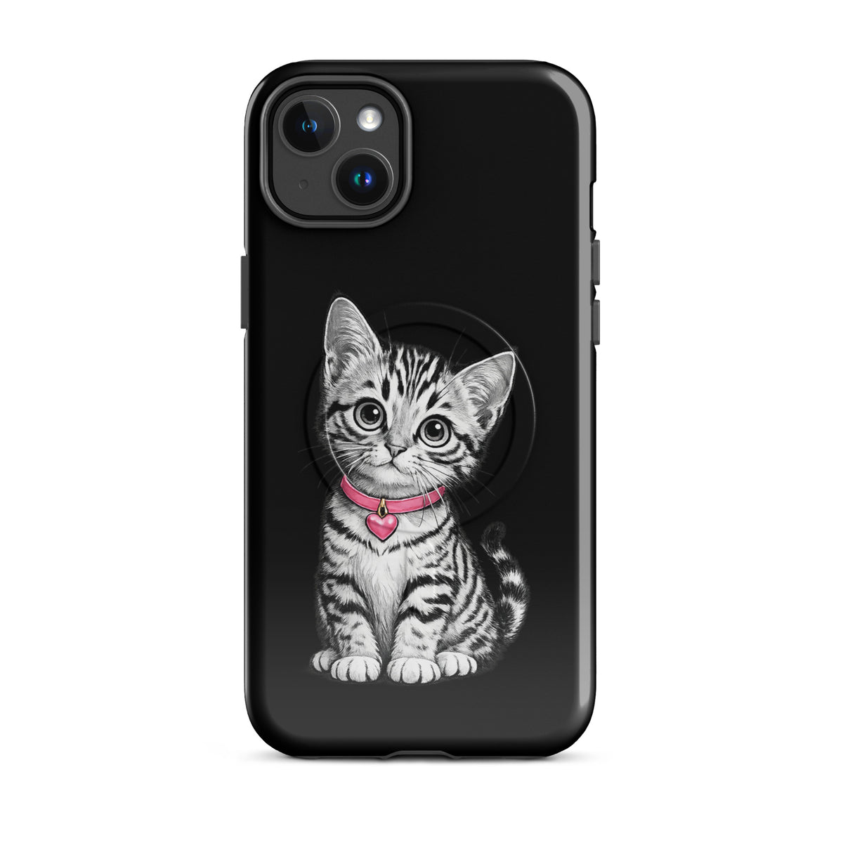 Magnetic Phone Case with kitten design, pink collar and heart charm, for iPhone.