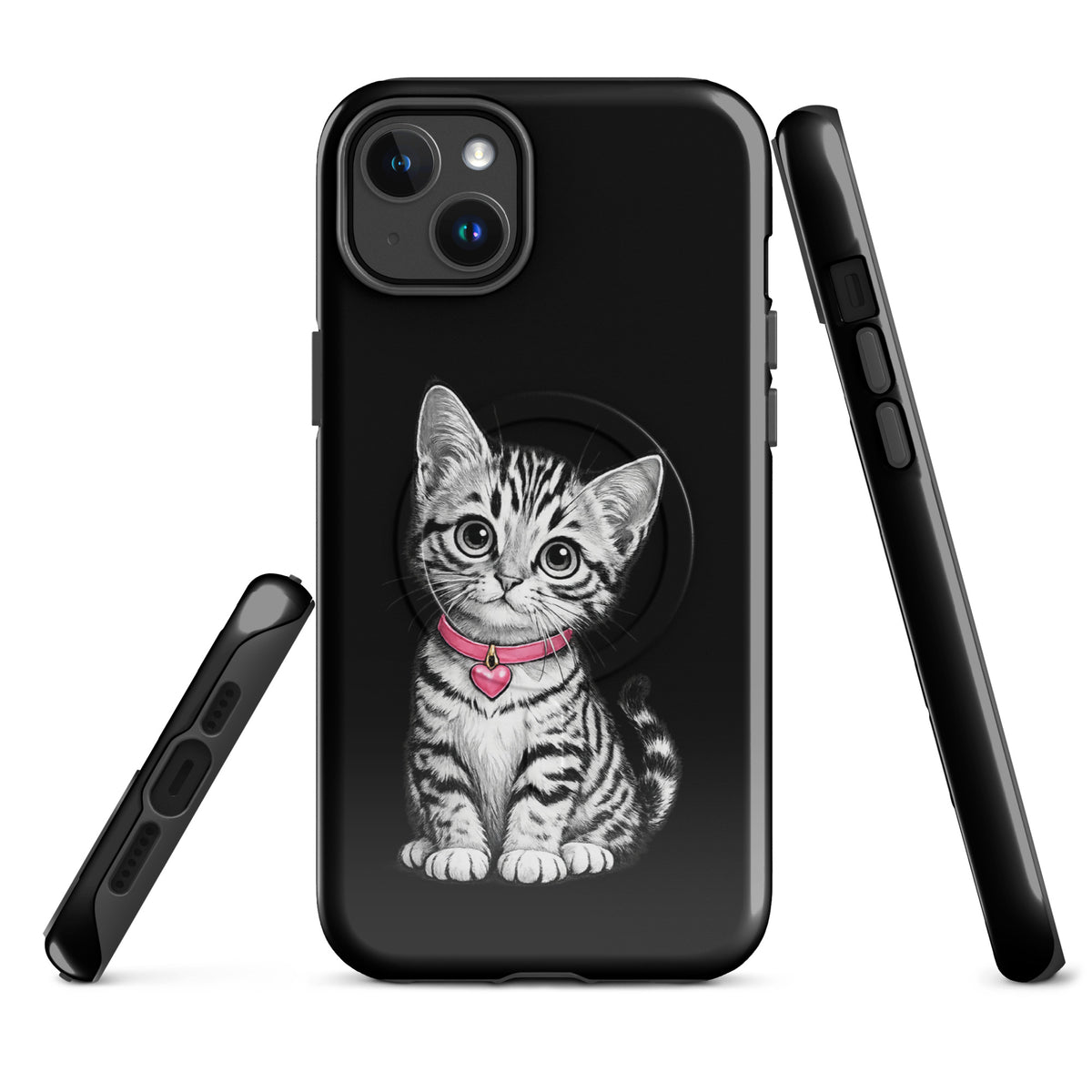 Magnetic Phone Case with kitten design, featuring a pink collar and heart charm, for iPhone