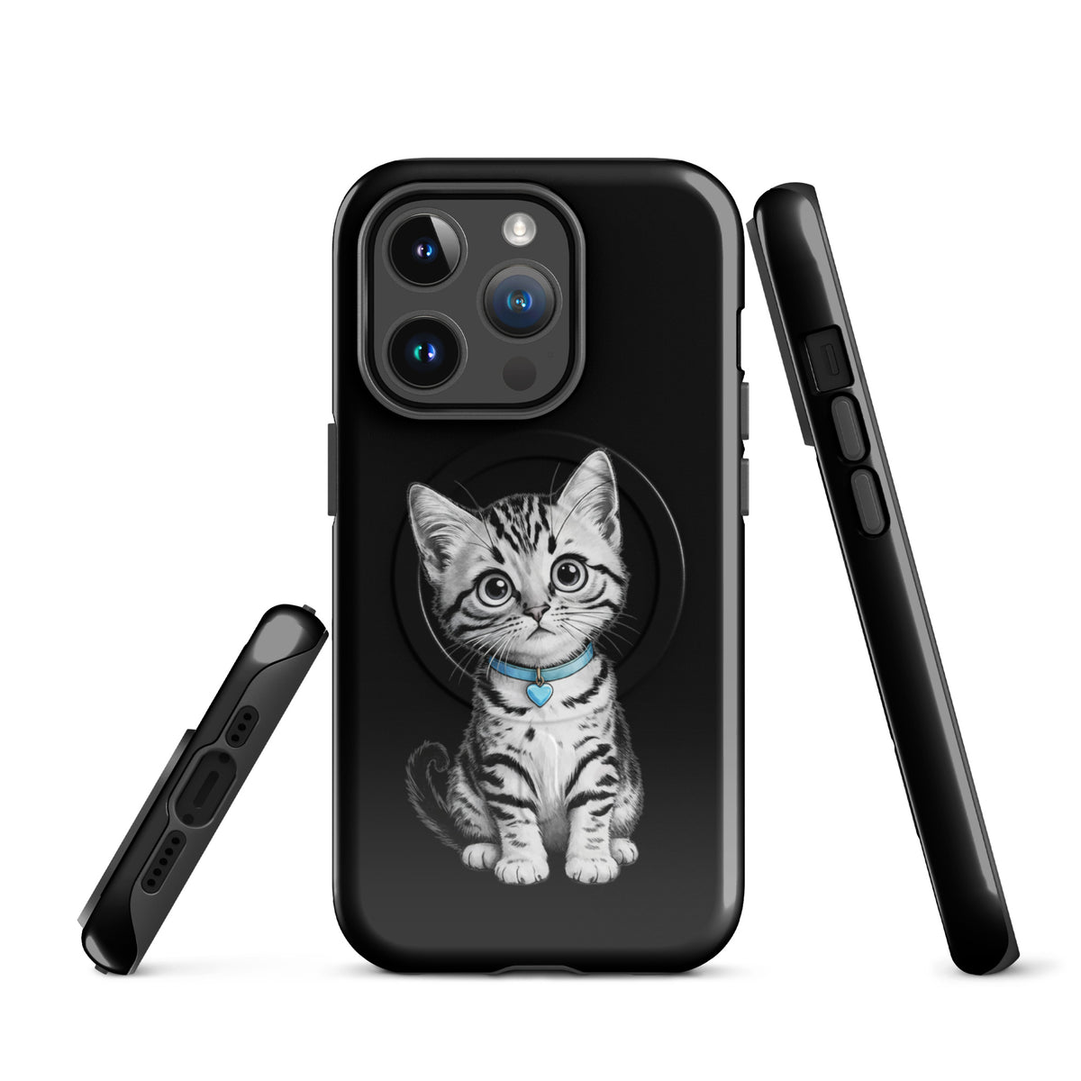 Magnetic Phone Case for iPhone featuring pencil-sketch kitten design, blue collar, and heart charm on black background.