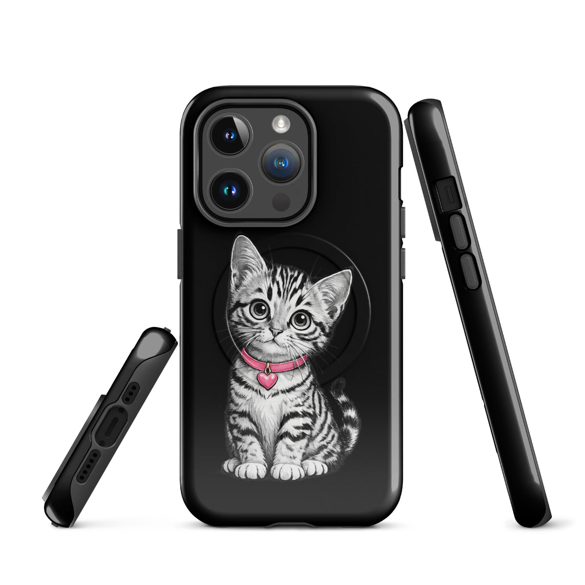 Magnetic Phone Case for iPhone featuring kitten with pink collar and heart charm, black-and-white pencil sketch design.