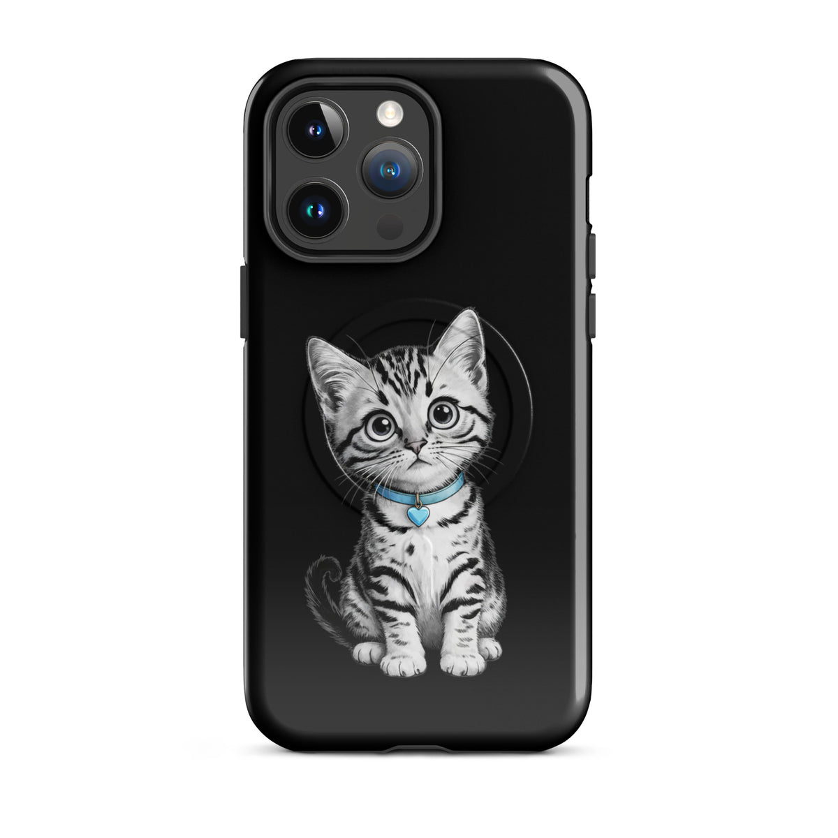 Magnetic Phone Case for iPhone featuring a pencil-sketch kitten with blue collar and heart charm, black-and-white design.