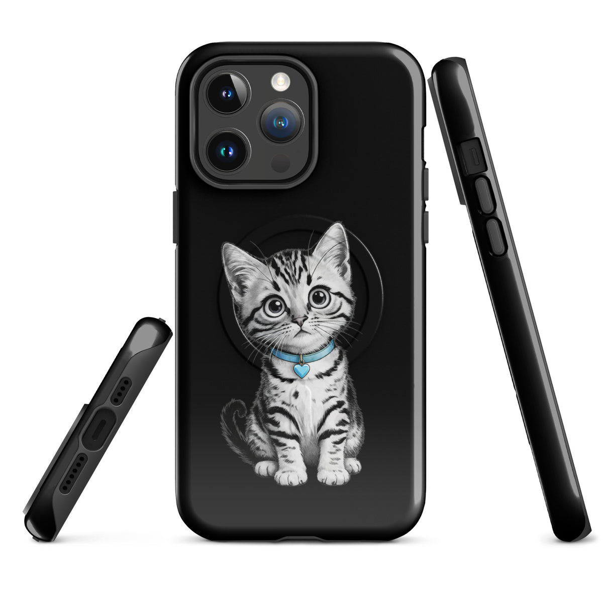 Magnetic Phone Case for iPhone featuring kitten design with blue collar and heart charm, offers artistic and premium device protection.