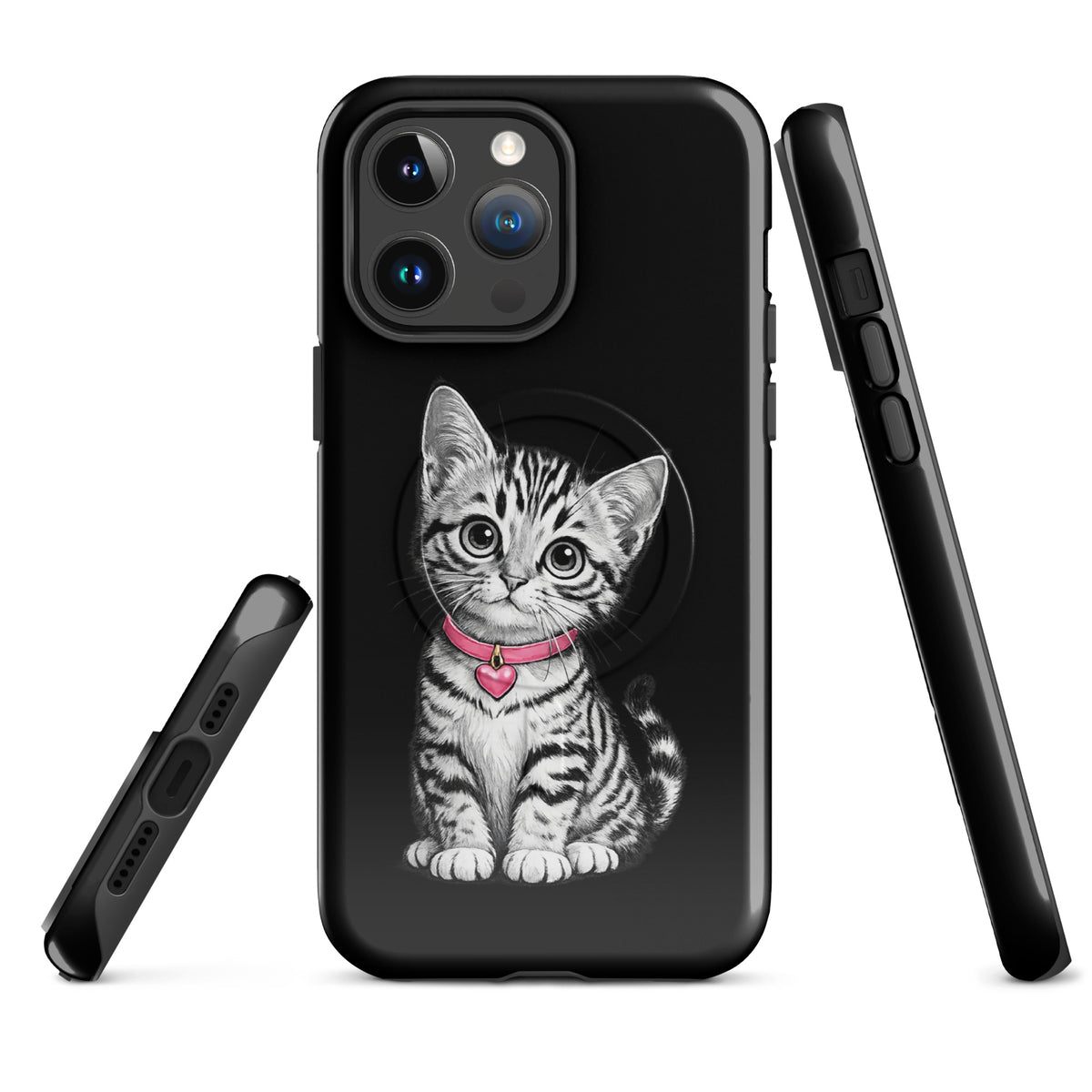 Magnetic Phone Case for iPhone with pencil-sketch kitten, pink collar, and heart charm design.