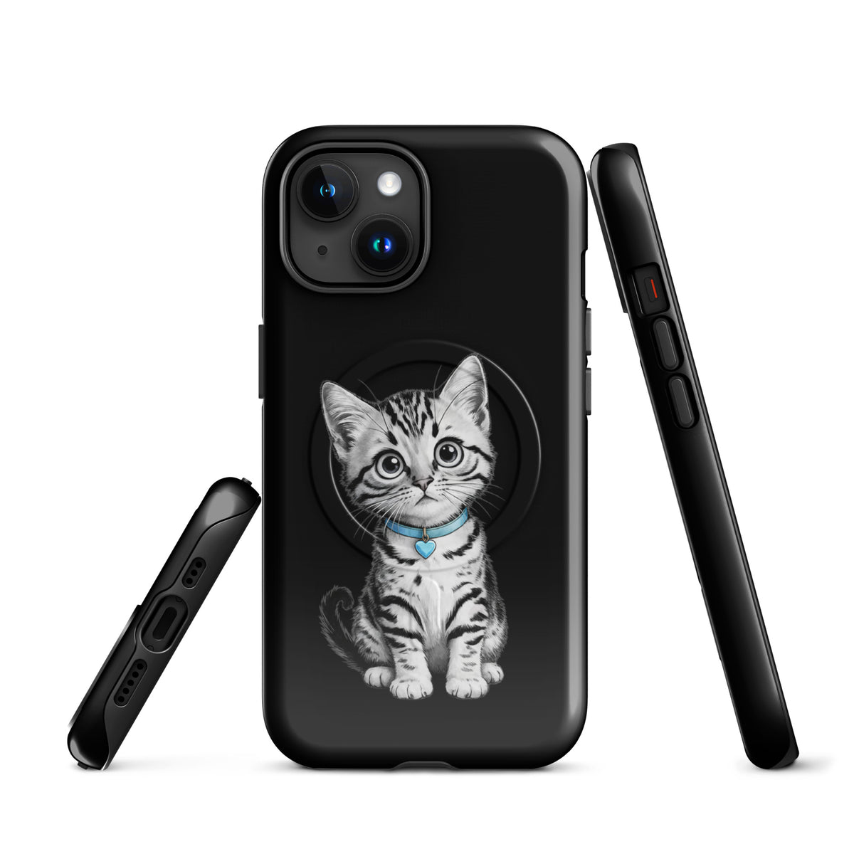 Magnetic Phone Case for iPhone featuring a black-and-white sketch of a kitten with blue collar and heart charm, elegant and protective.