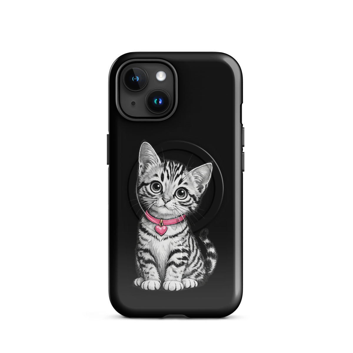 Magnetic Phone Case for iPhone with a kitten design, featuring a pink collar and heart charm in black and white.