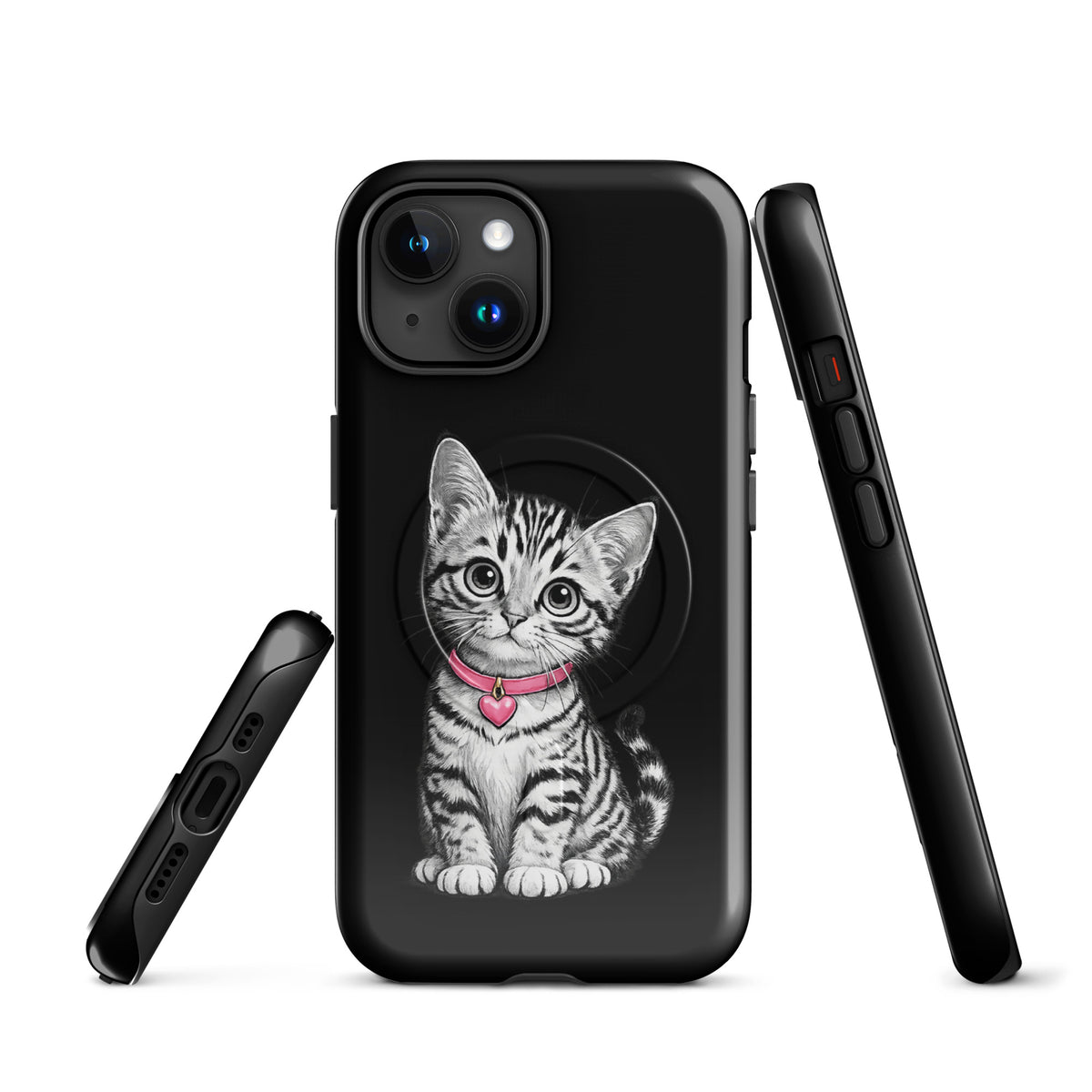 Magnetic Phone Case for iPhone featuring a pencil-sketch kitten with a pink collar and heart charm, offering protection and charm.