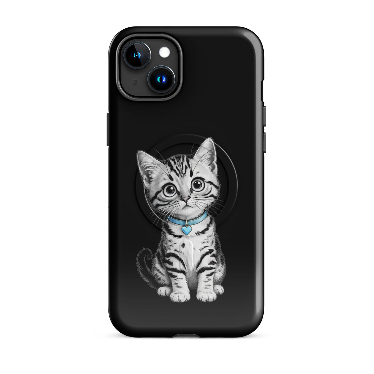 Magnetic Phone Case for iPhone featuring pencil-sketch kitten with blue collar and heart charm on black background.