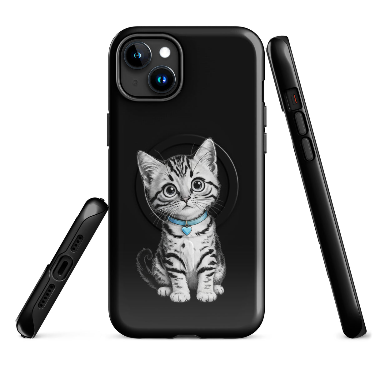 Magnetic Phone Case featuring a pencil-sketch kitten with blue collar and heart charm, for iPhone protection and style