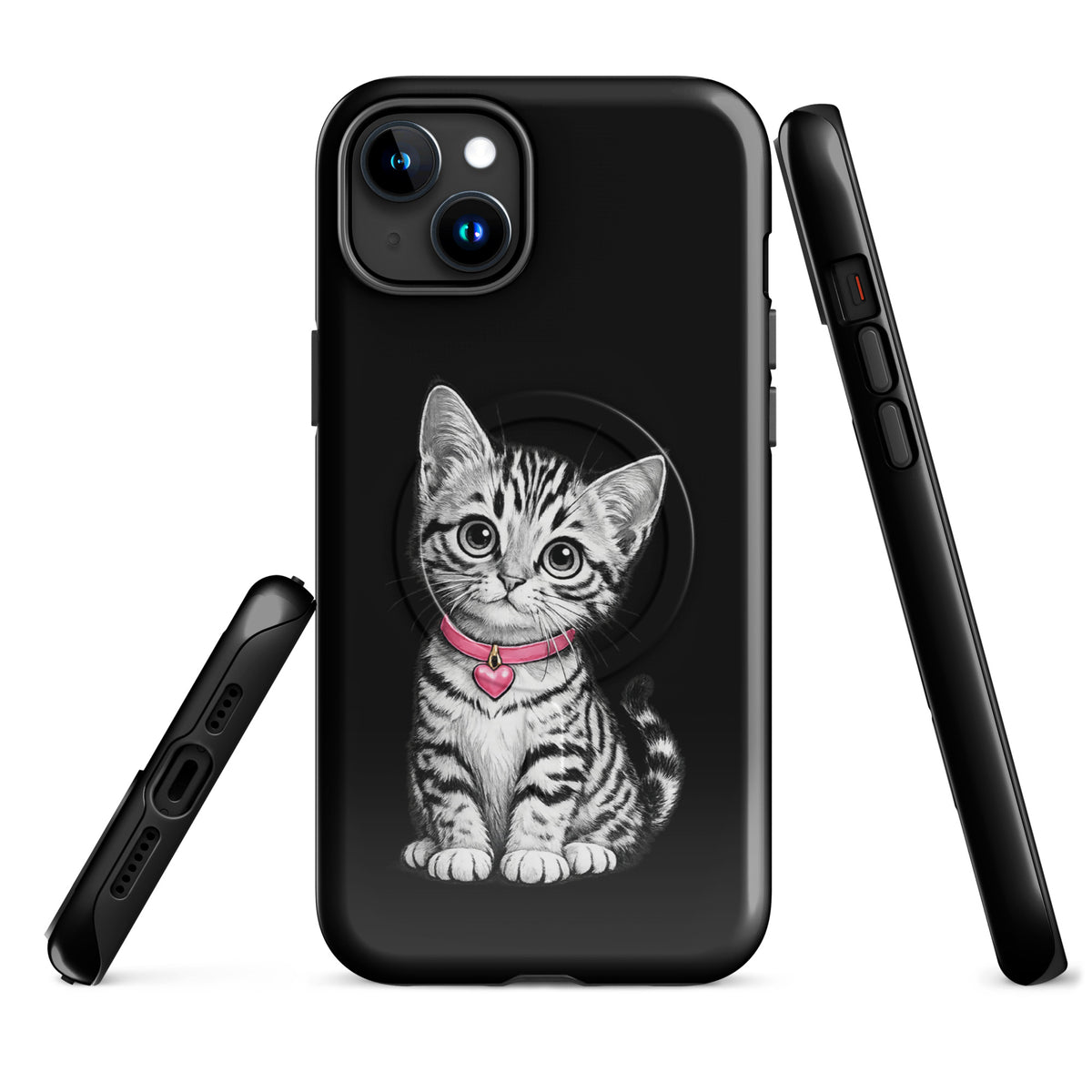 Magnetic Phone Case for iPhone with kitten in pink collar and heart charm design.
