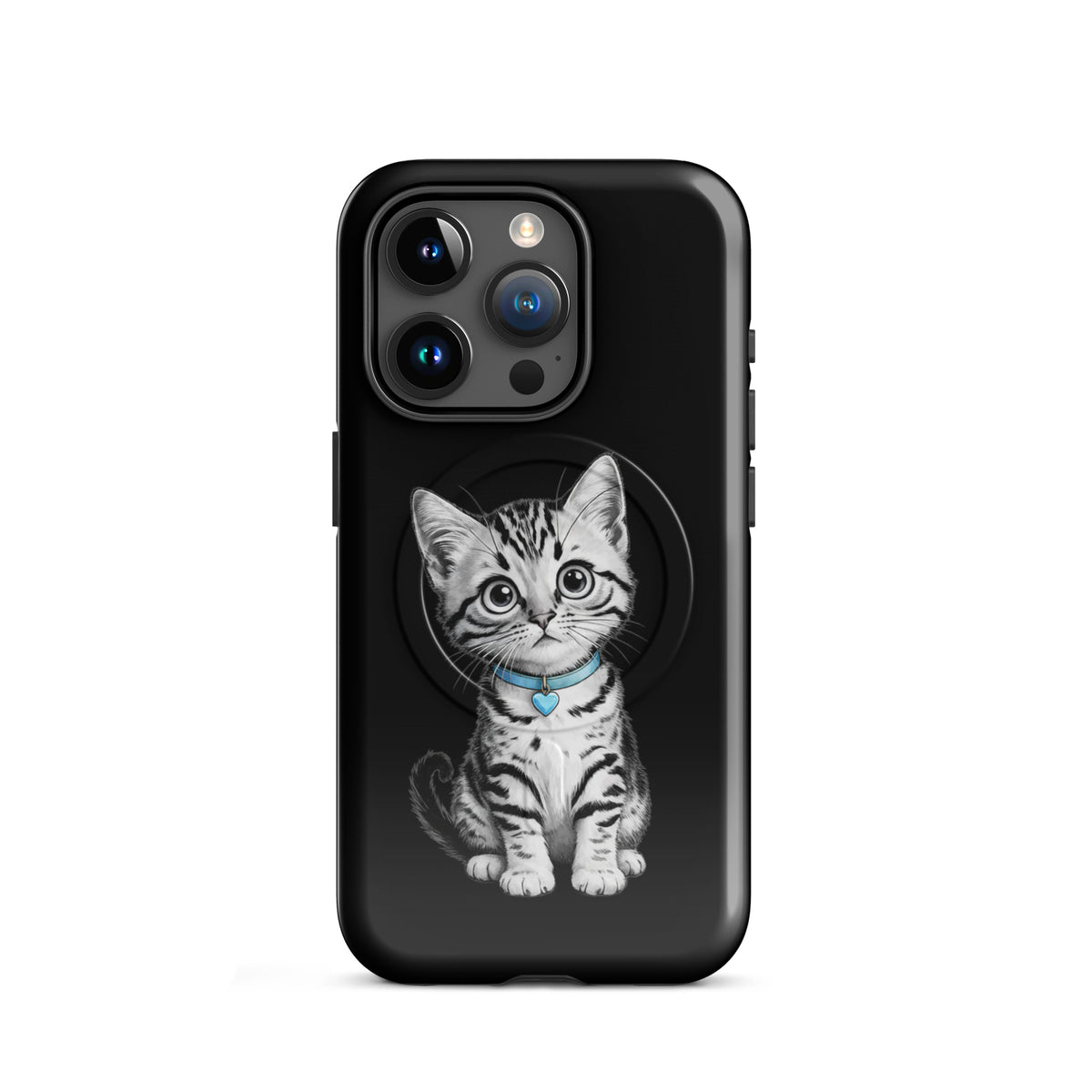Magnetic Phone Case for iPhone featuring a sketched kitten with a blue collar and heart charm.