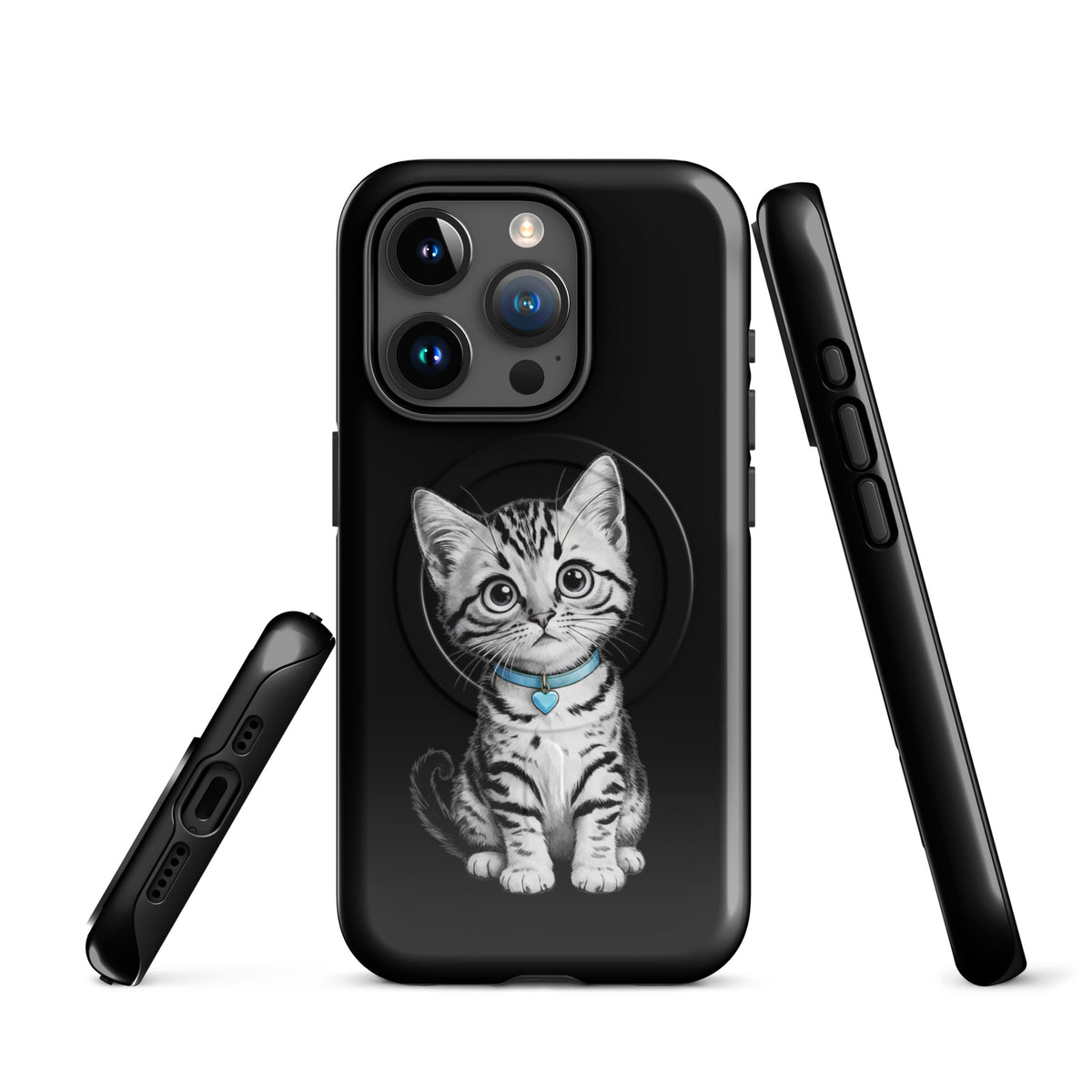 Magnetic Phone Case for iPhone featuring pencil-sketch kitten with blue collar and heart charm, offering charm and protection.