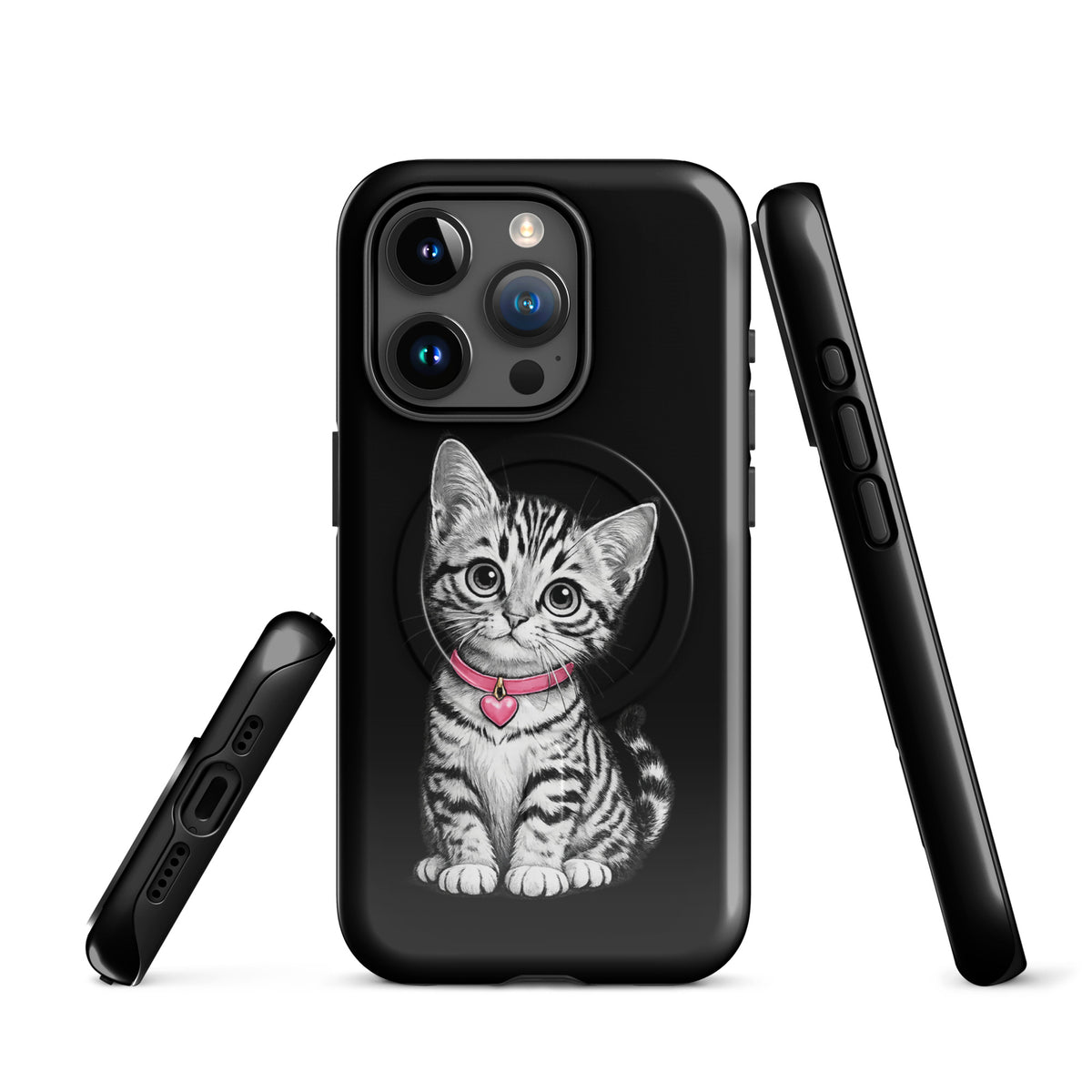 Magnetic Phone Case for iPhone with kitten design, pink collar, and heart charm