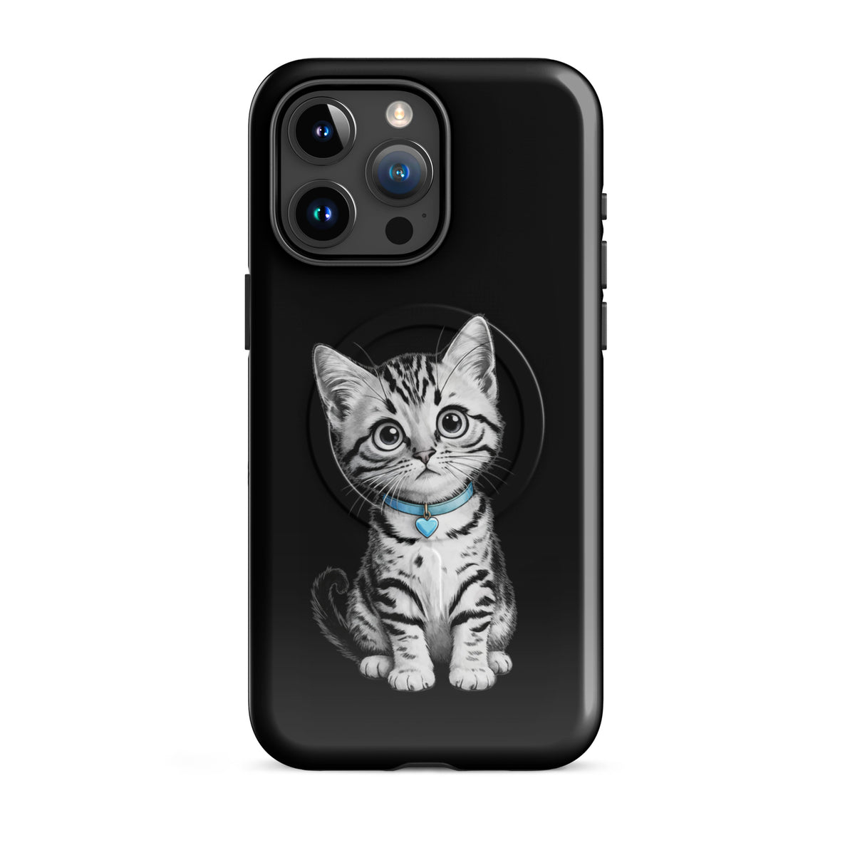 Magnetic Phone Case for iPhone with sketch kitten design, blue collar, and heart charm on black background.