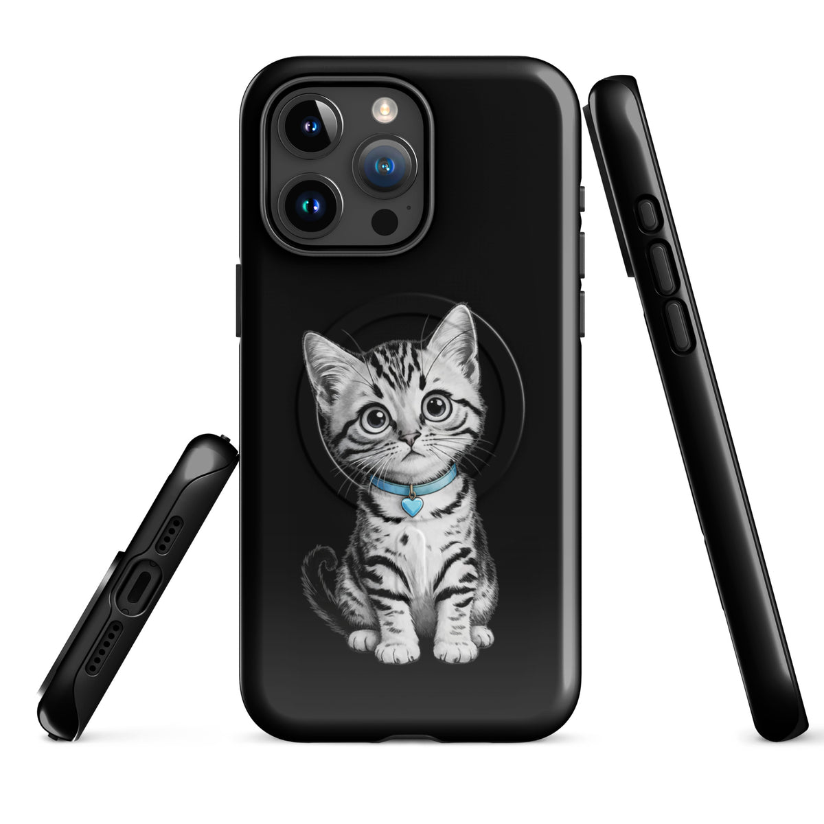 Magnetic Phone Case for iPhone with pencil-sketch kitten, blue collar and heart charm in black-and-white design.