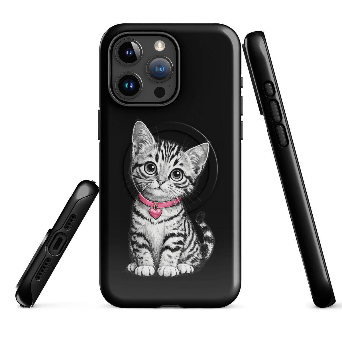 Magnetic Phone Case for iPhone with kitten design, pink collar, heart charm, offering stylish protection, black-and-white artistry.