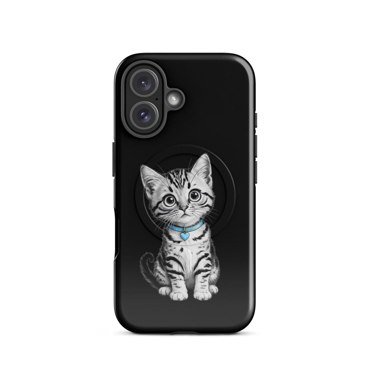 Magnetic Phone Case with pencil sketch kitten wearing blue collar and heart charm, elegant black and white design for iPhone.