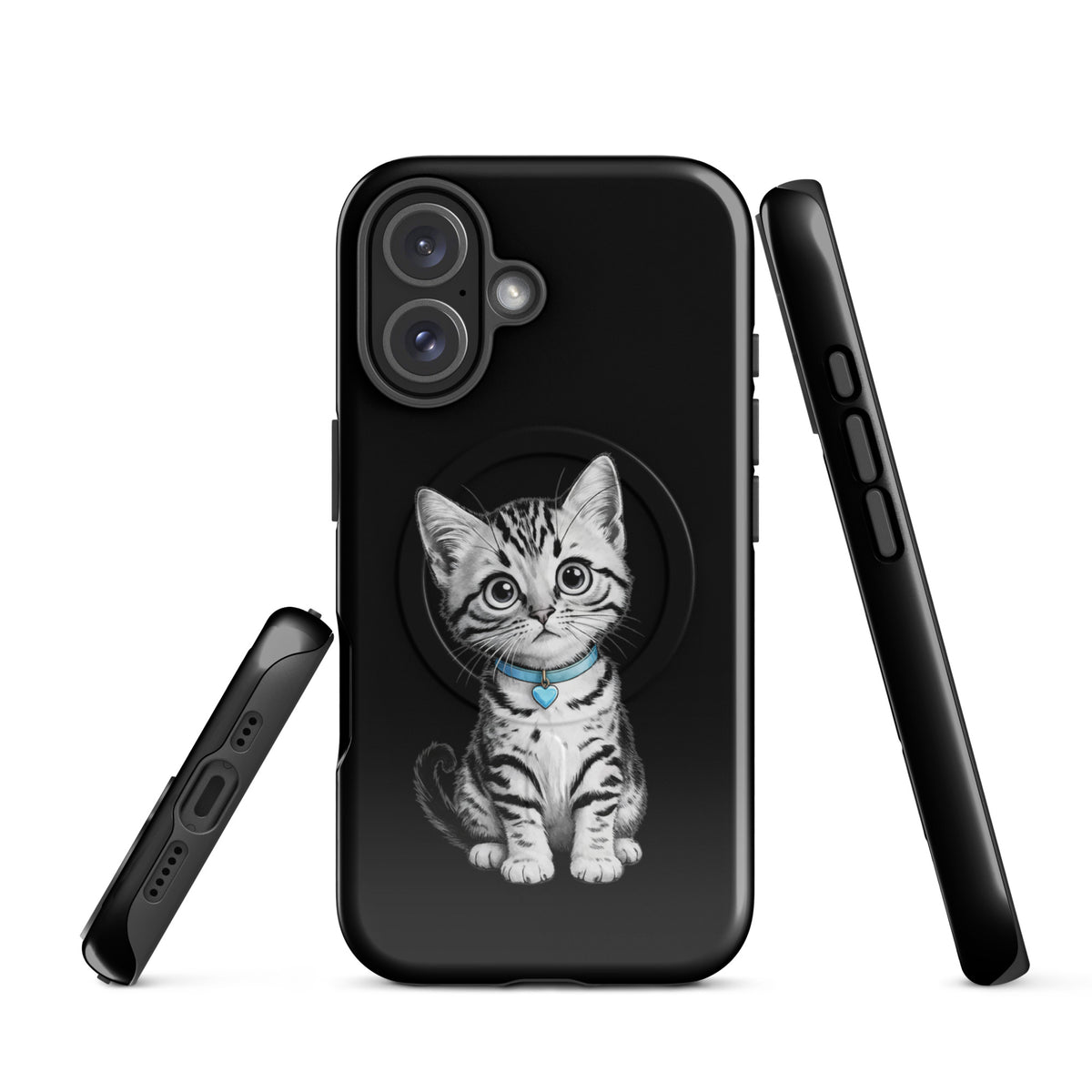 Magnetic Phone Case featuring sketch of kitten with blue collar and heart charm for iPhone, blending charm with protection.