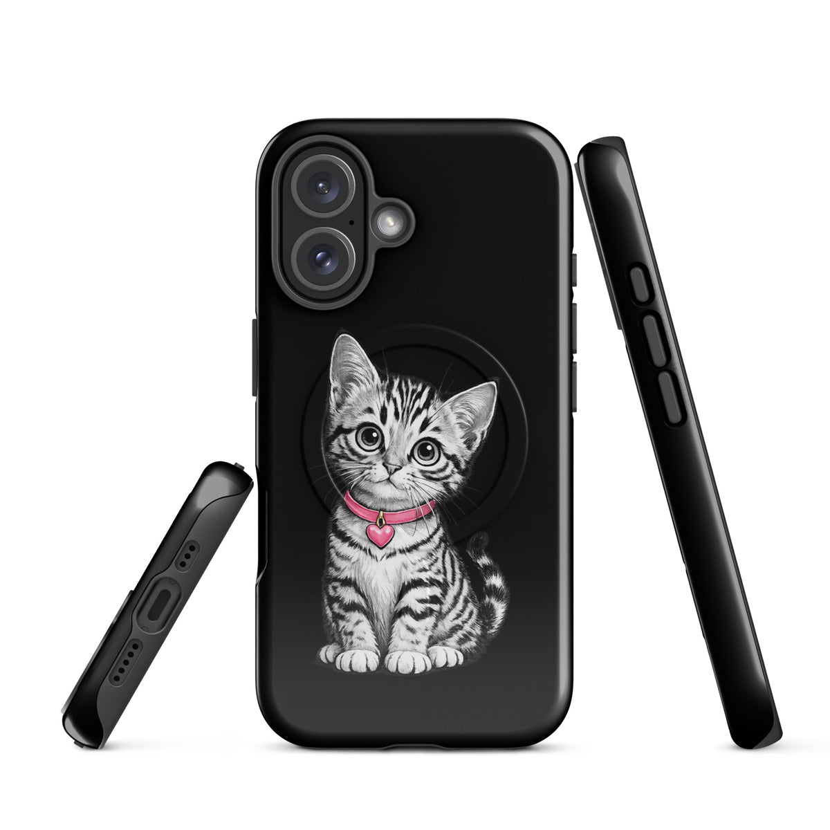 Magnetic Phone Case for iPhone featuring kitten with pink collar and heart charm, pencil-sketch design, premium protection.