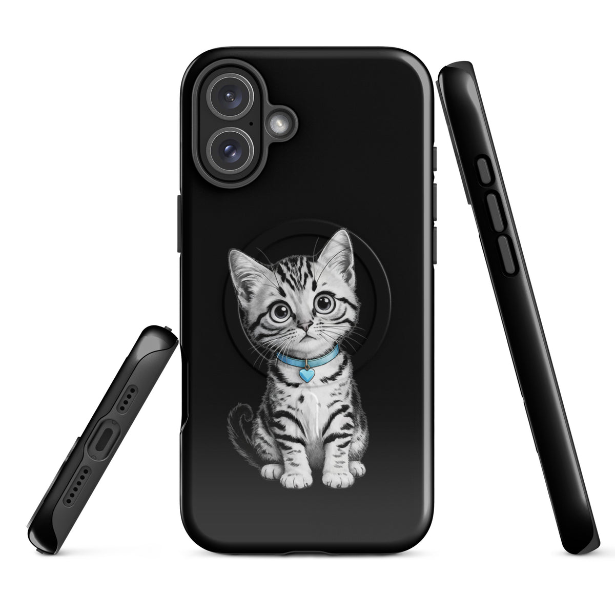 Magnetic Phone Case for iPhone with kitten, blue collar, and heart charm design in pencil-sketch style.