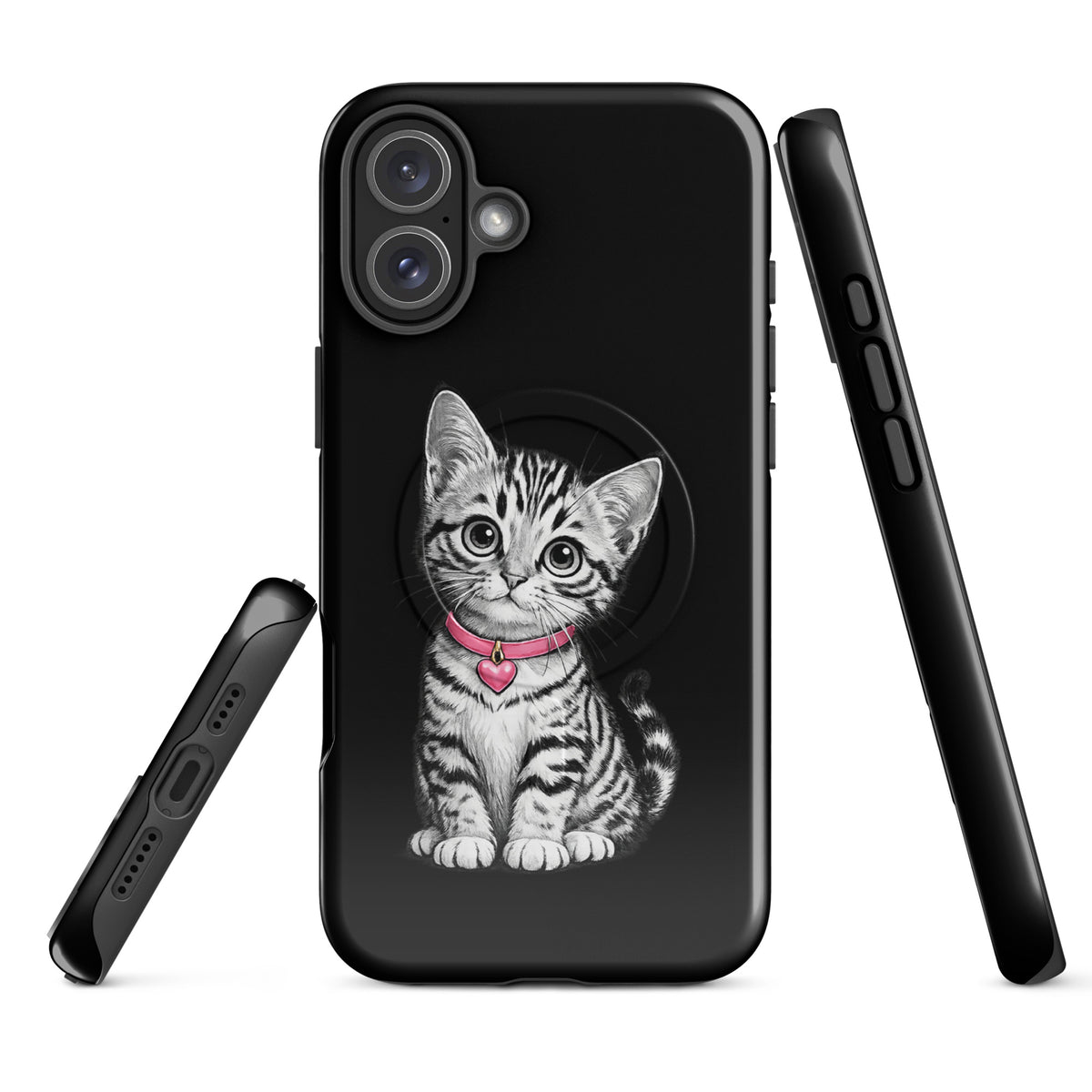 Magnetic Phone Case for iPhone with kitten design, featuring pink collar and heart charm on black-and-white pencil-sketch artwork.