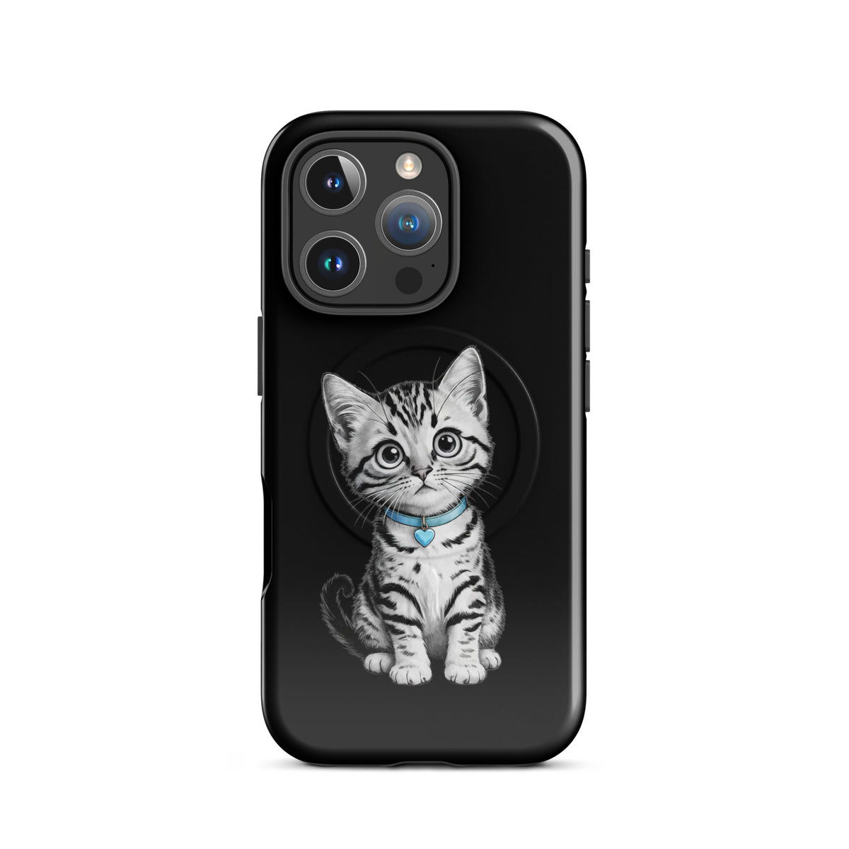 Magnetic Phone Case for iPhone featuring a cute kitten sketch with a blue collar and heart charm on a black background.