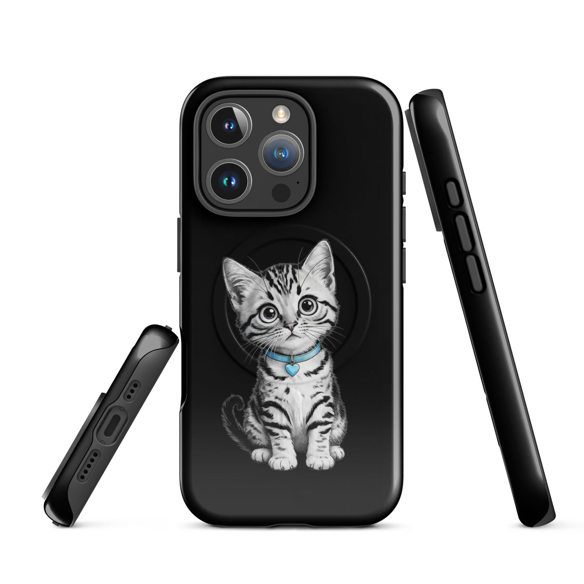Magnetic Phone Case with pencil-sketch kitten wearing blue collar and heart charm on black iPhone case.