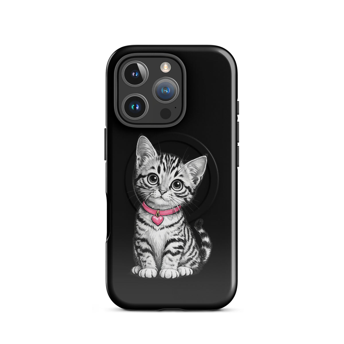 Magnetic Phone Case for iPhone featuring a kitten with a pink collar and heart charm in black and white design.