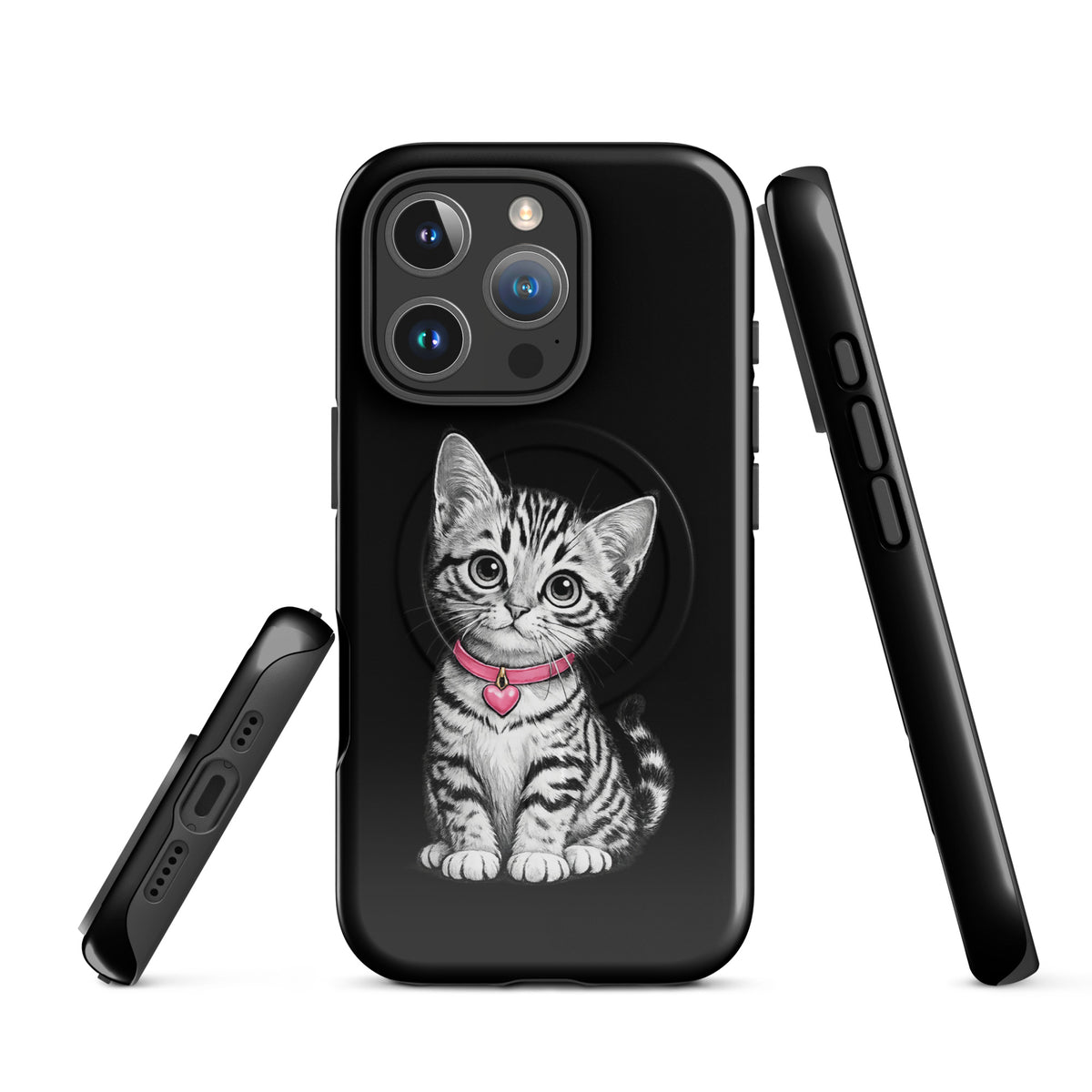 Magnetic Phone Case featuring kitten with pink collar and heart charm on iPhone, black-and-white pencil sketch design.