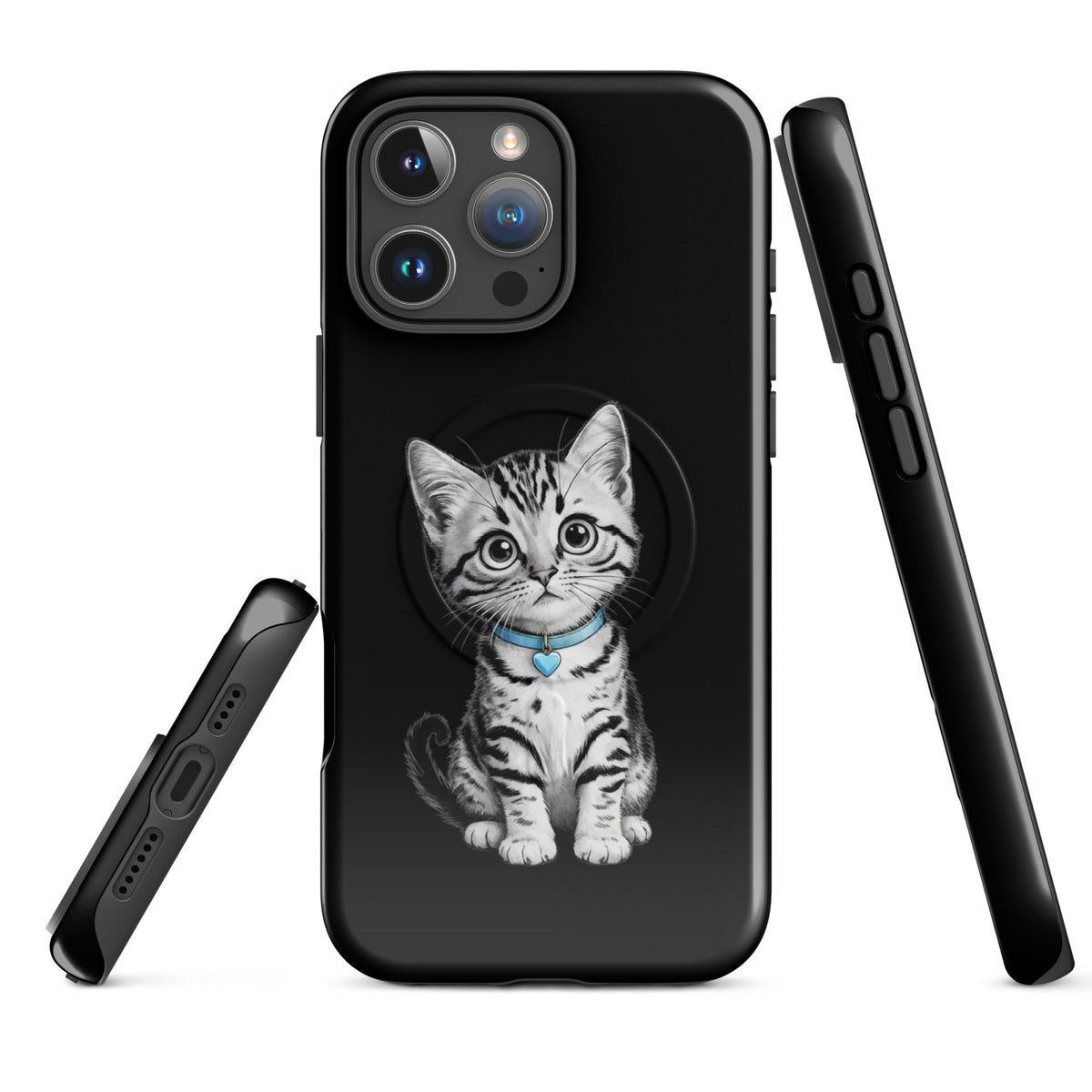 Magnetic Phone Case for iPhone featuring kitten with blue collar and heart charm, pencil-sketch design, black-and-white.