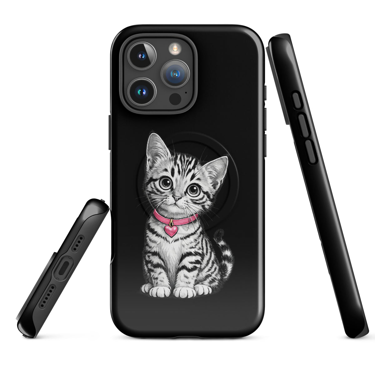 Magnetic Phone Case for iPhone featuring kitten design with pink collar and heart charm in black-and-white detail on a sleek black case.