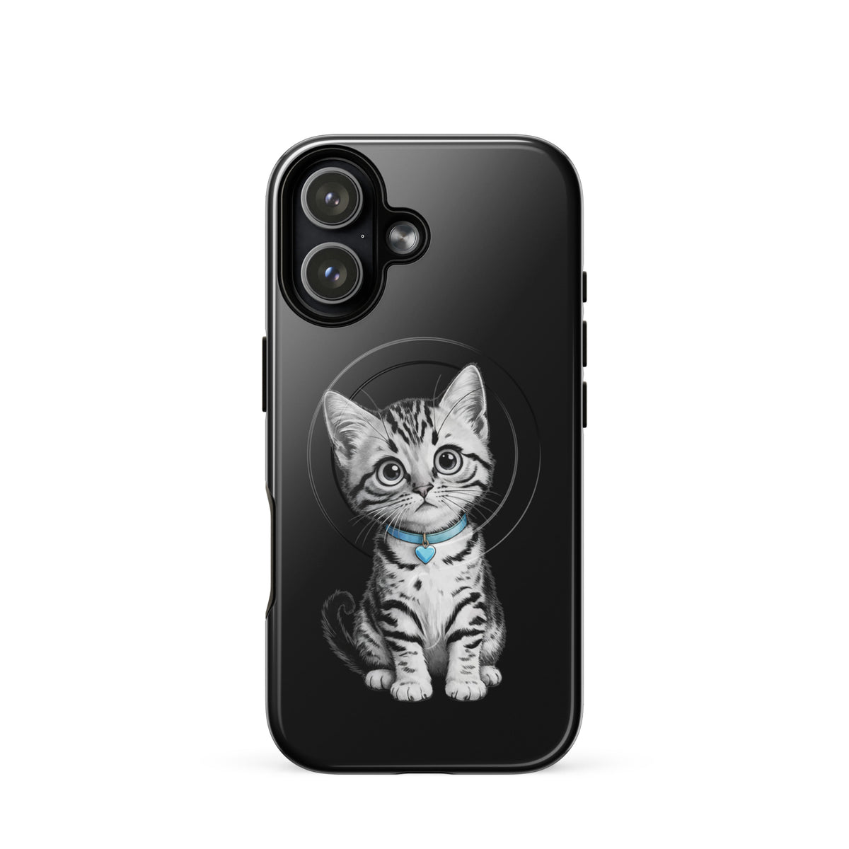 Magnetic Phone Case with kitten design, featuring a black-and-white sketch of a kitten with a blue collar and heart charm.
