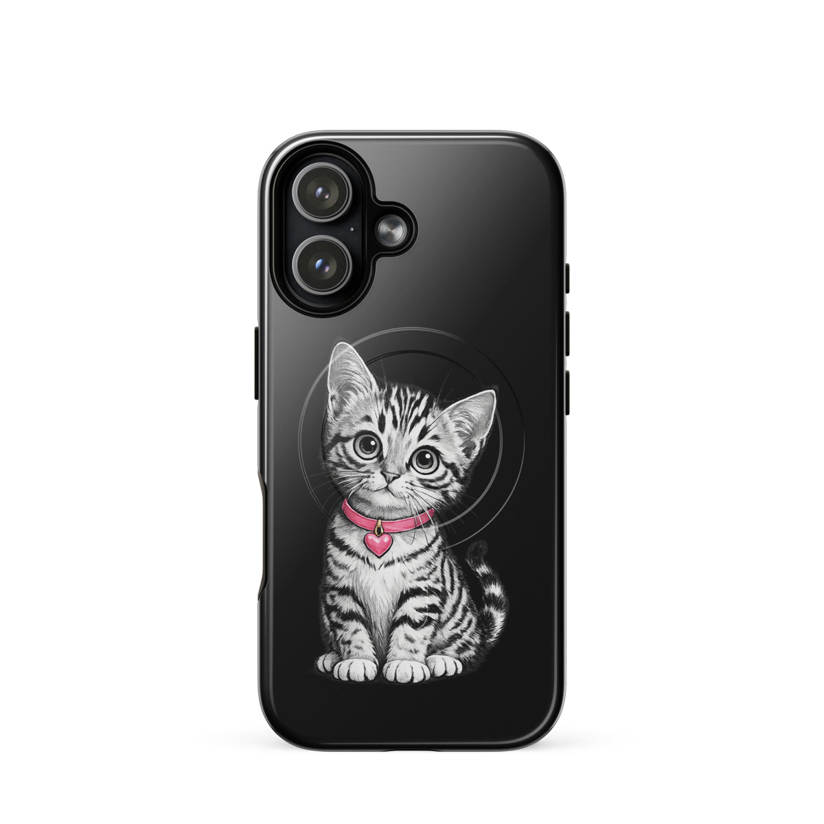 Magnetic Phone Case featuring kitten with pink collar and heart charm, pencil-sketch design, iPhone accessory with artistic charm.