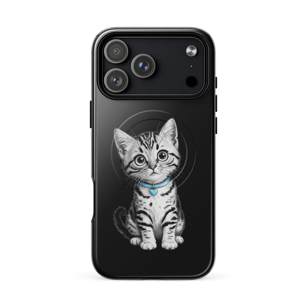 Magnetic Phone Case for iPhone with black-and-white kitten design, blue collar, and heart charm.