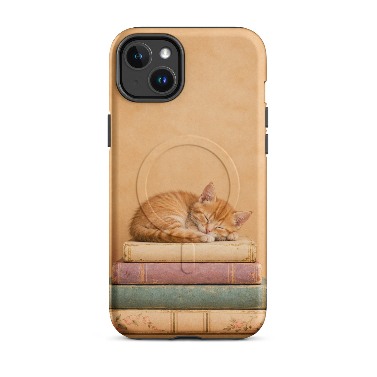 Magnetic Phone Case featuring a sleeping kitten on vintage books, adorable design with warm tones, perfect for book and cat lovers.