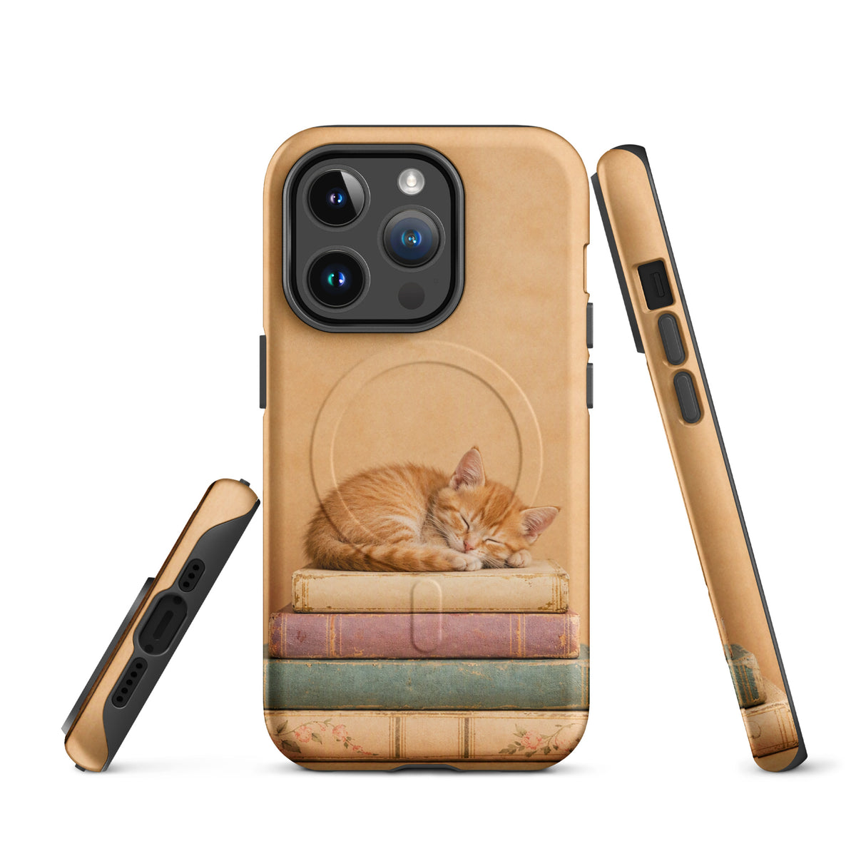 Magnetic Phone Case with a sleeping kitten on vintage books, featuring warm colors and a charming cat illustration.