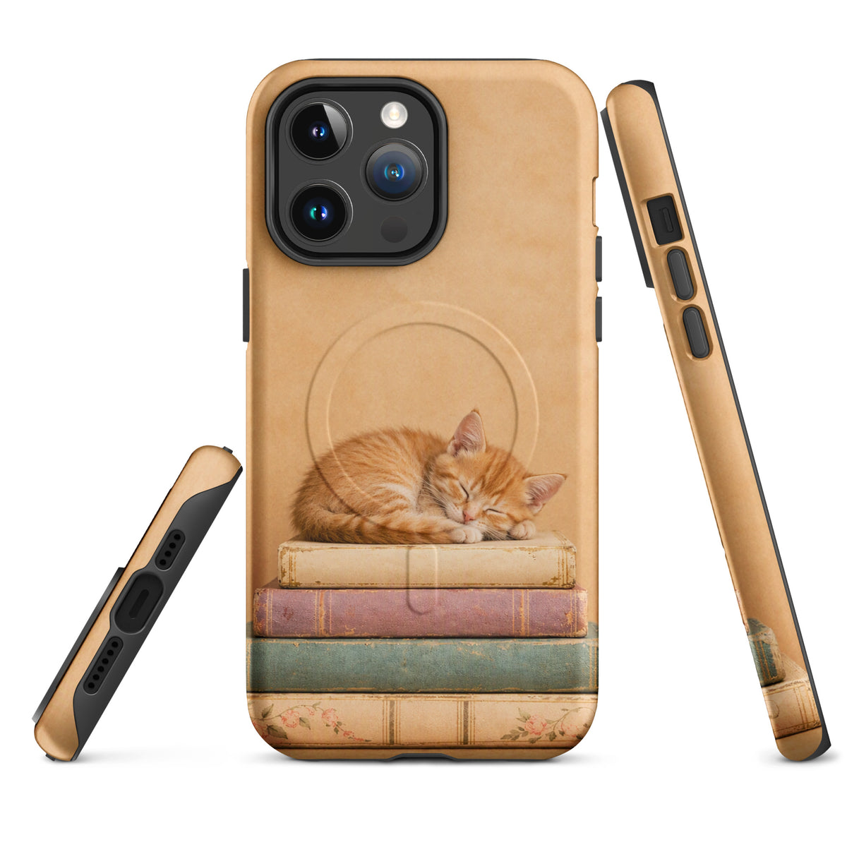 Magnetic Phone Case featuring a sleeping kitten on vintage books, with warm colors and a charming cat illustration.