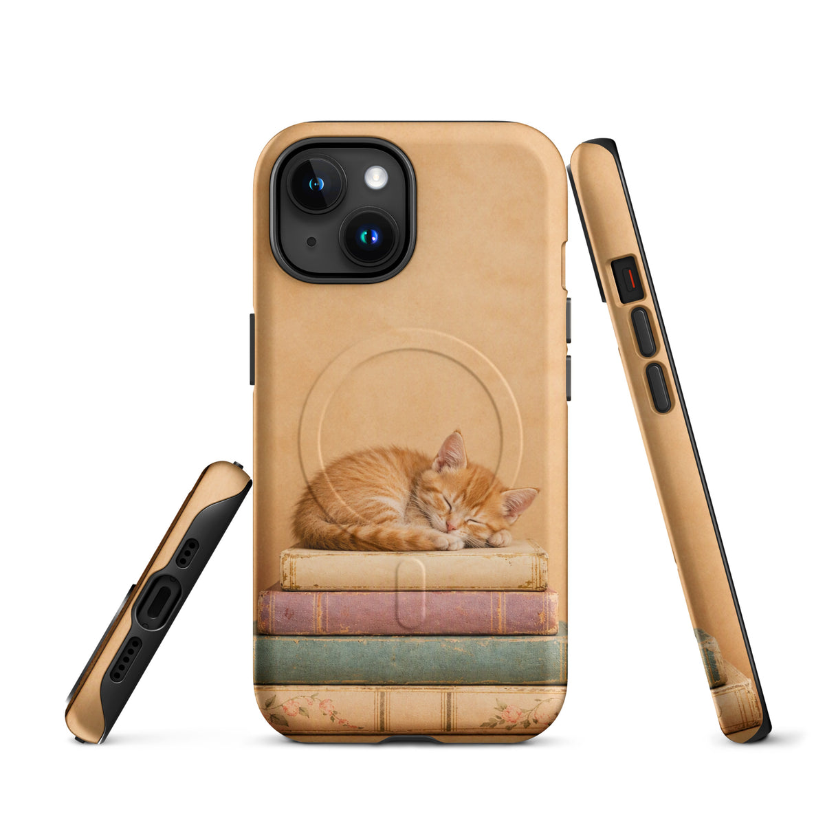 Magnetic Phone Case with sleeping kitten on vintage books design, featuring warm tones and a cute orange cat illustration.