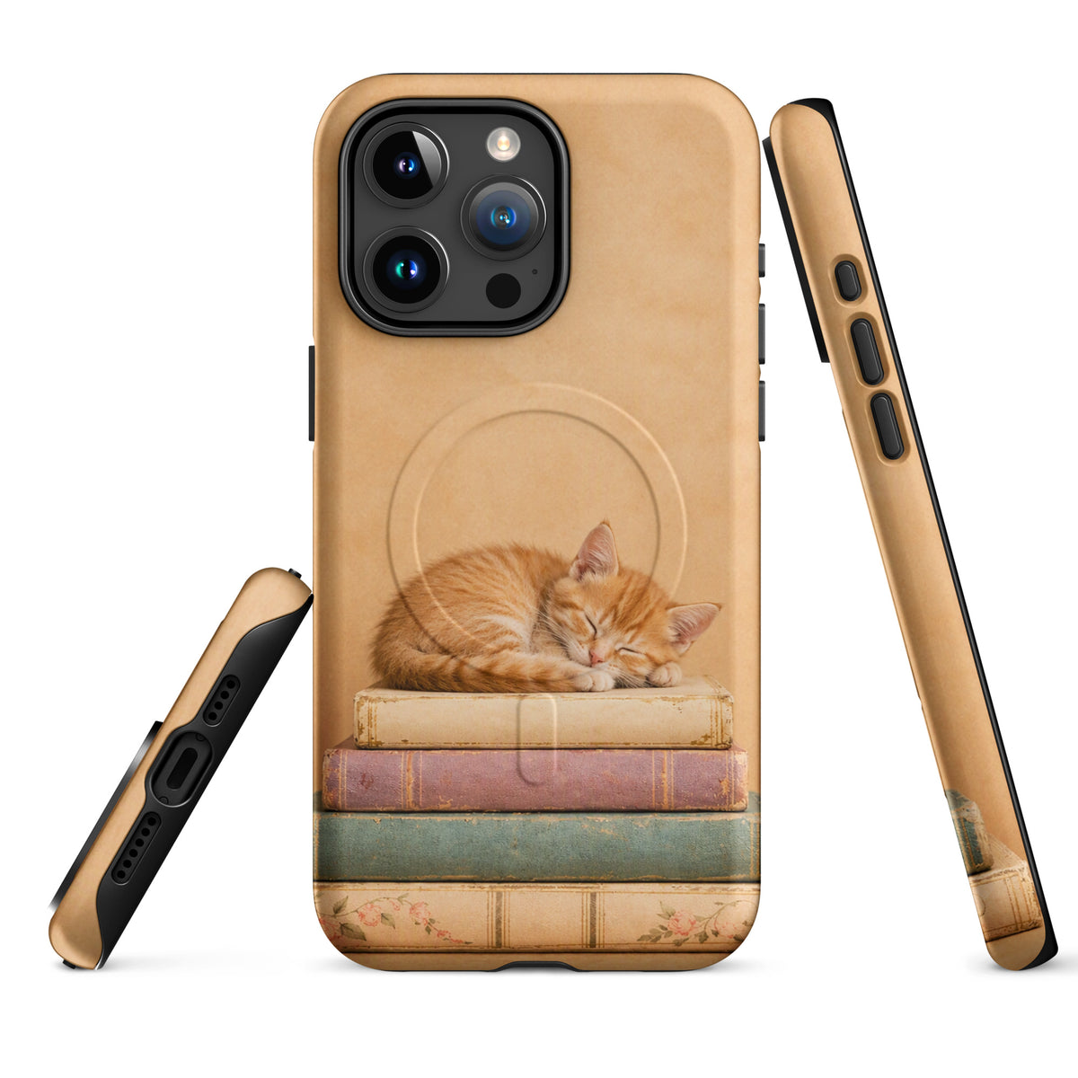 Magnetic Phone Case with cute kitten sleeping on vintage books, showcasing cozy illustration and charm of a quiet reading afternoon.