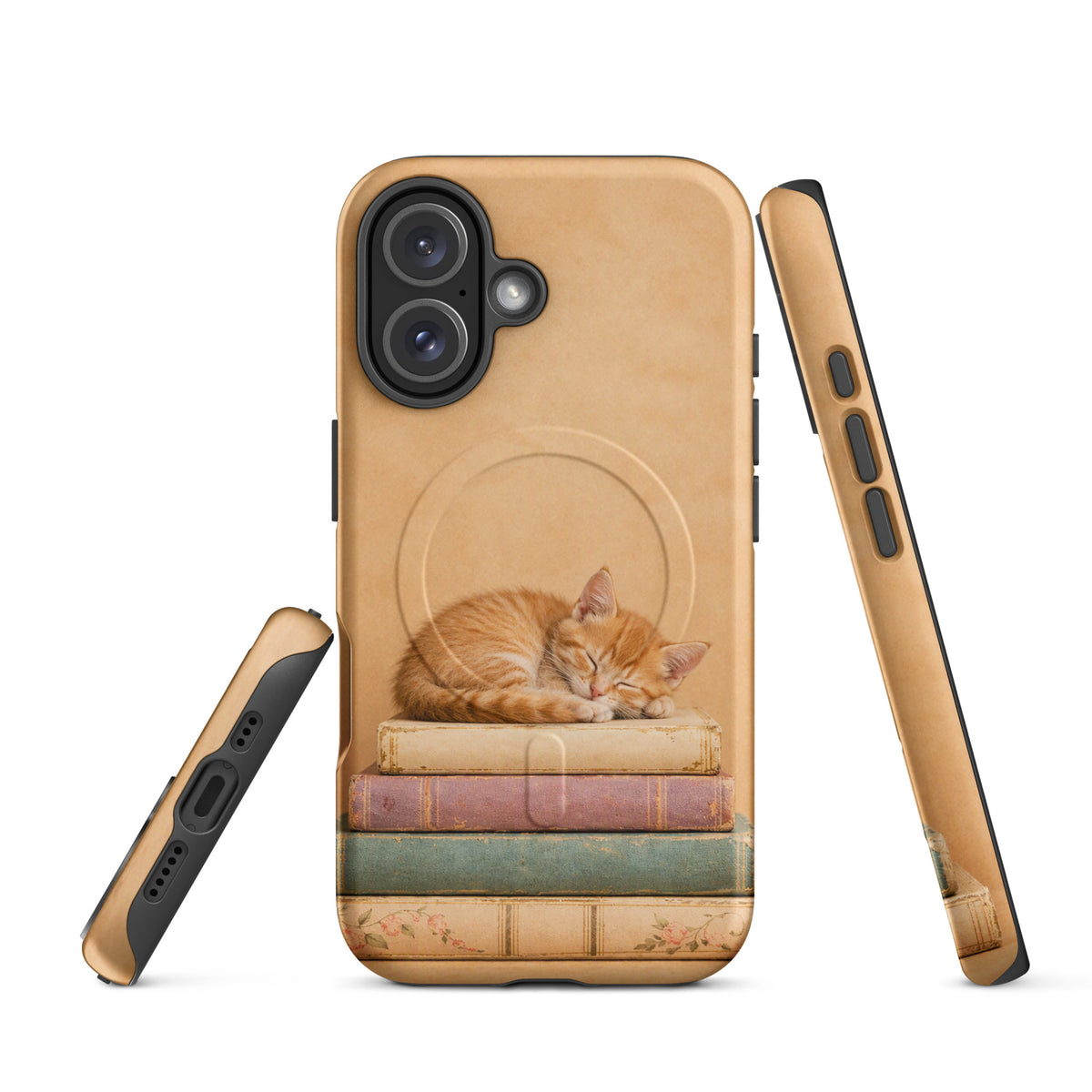 Magnetic Phone Case with sleeping kitten on vintage books, featuring an adorable orange kitten napping on a stack of well-loved books.
