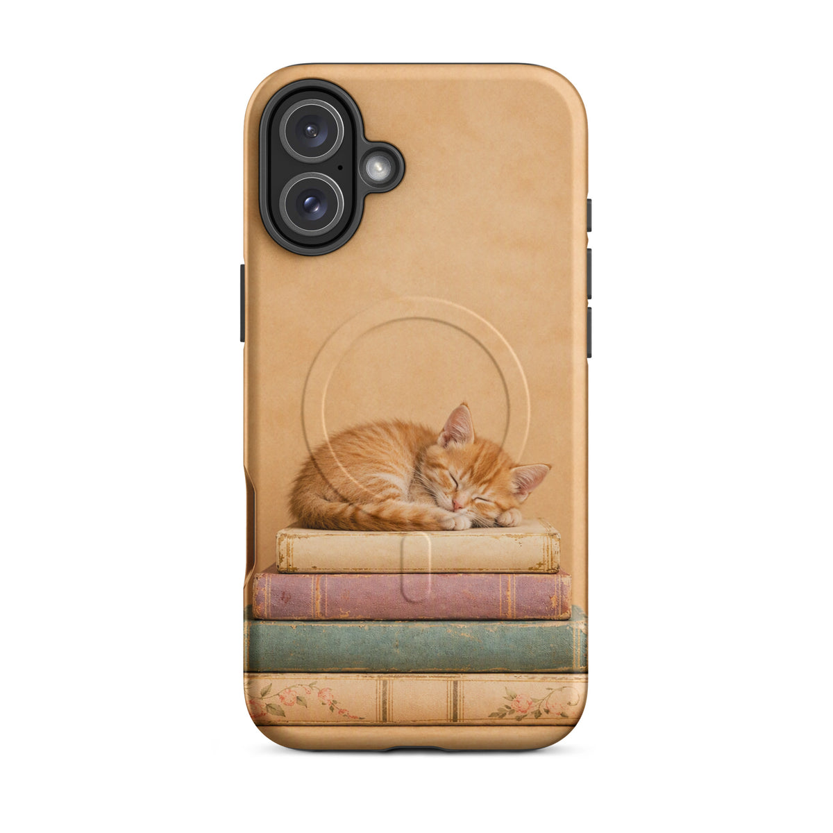 Magnetic Phone Case with sleeping kitten on vintage books, featuring a cozy orange cat and classic book design.