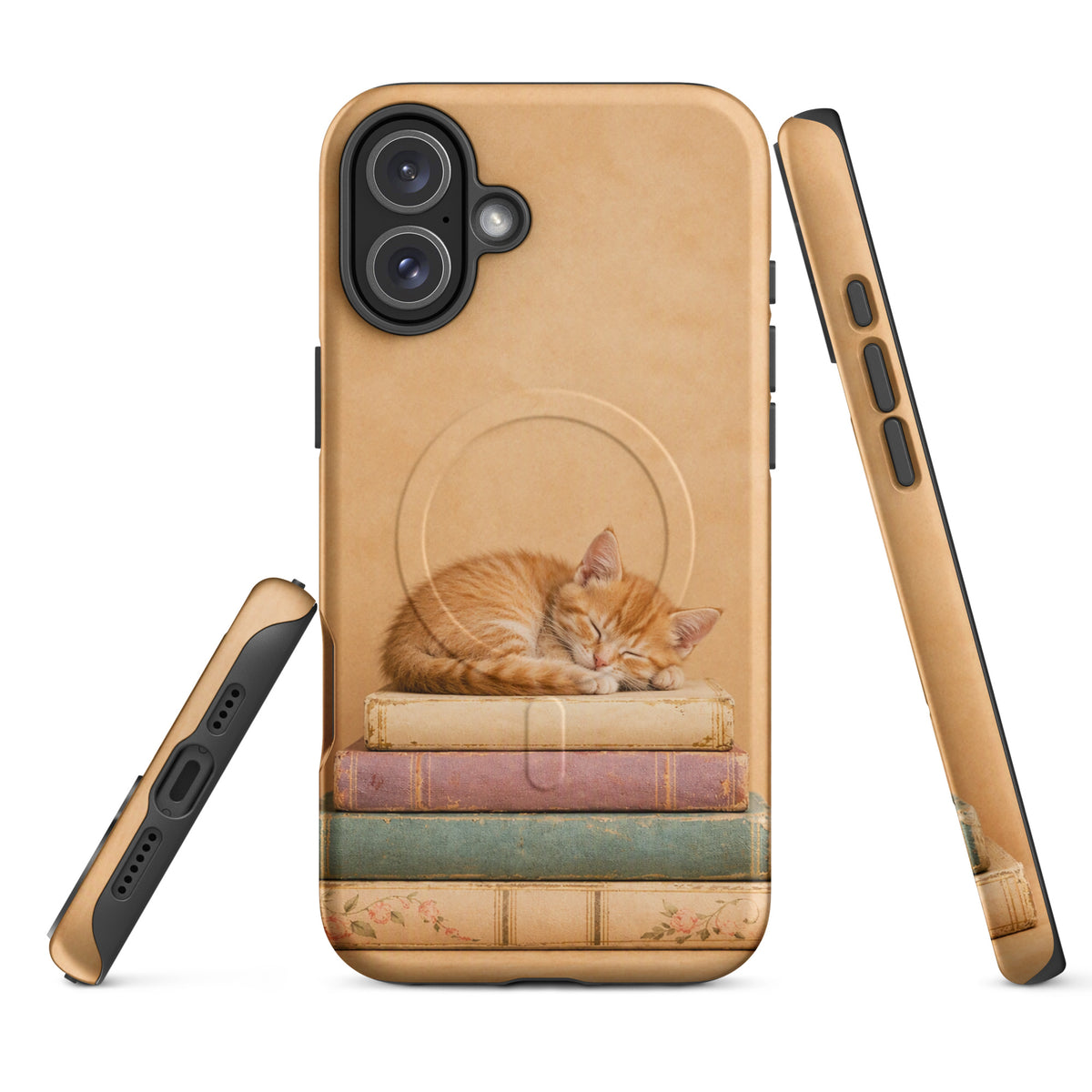 Magnetic Phone Case featuring a sleeping orange kitten on vintage books with warm neutral colors and classic charm.